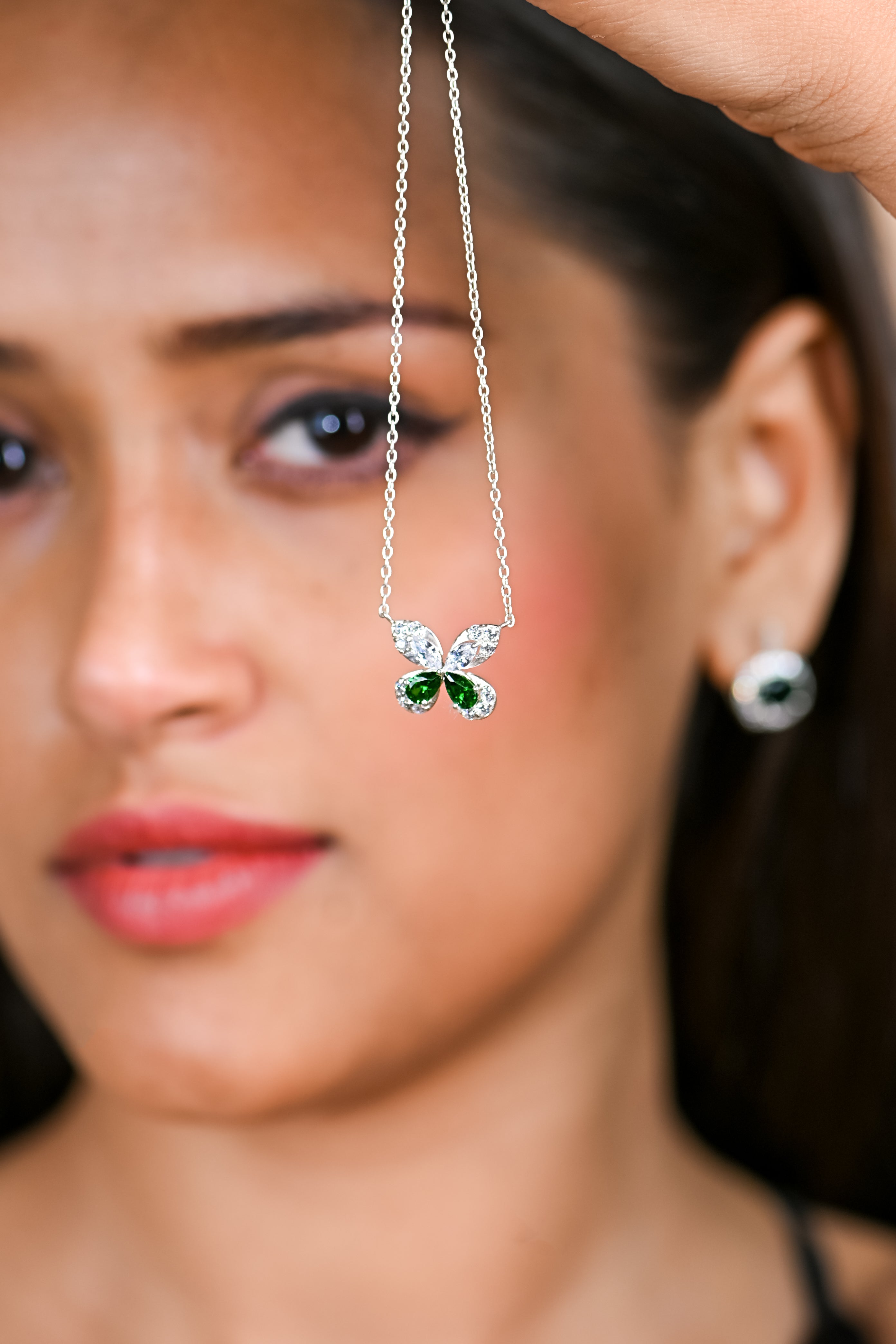 Butterfly Pendant Necklace with Lab Emerald and Moissanite in Silver
