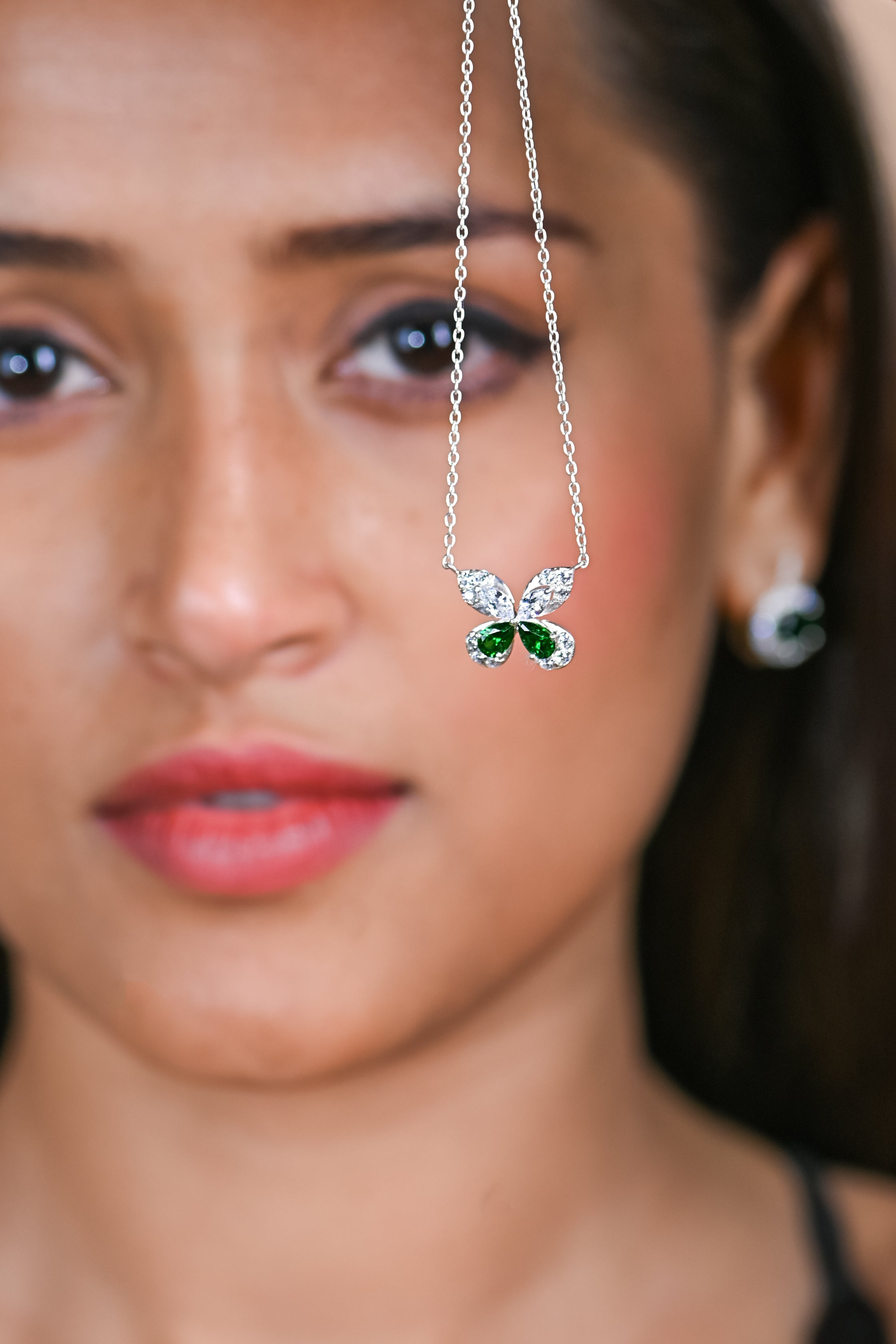 Butterfly Pendant Necklace with Lab Emerald and Moissanite in Silver