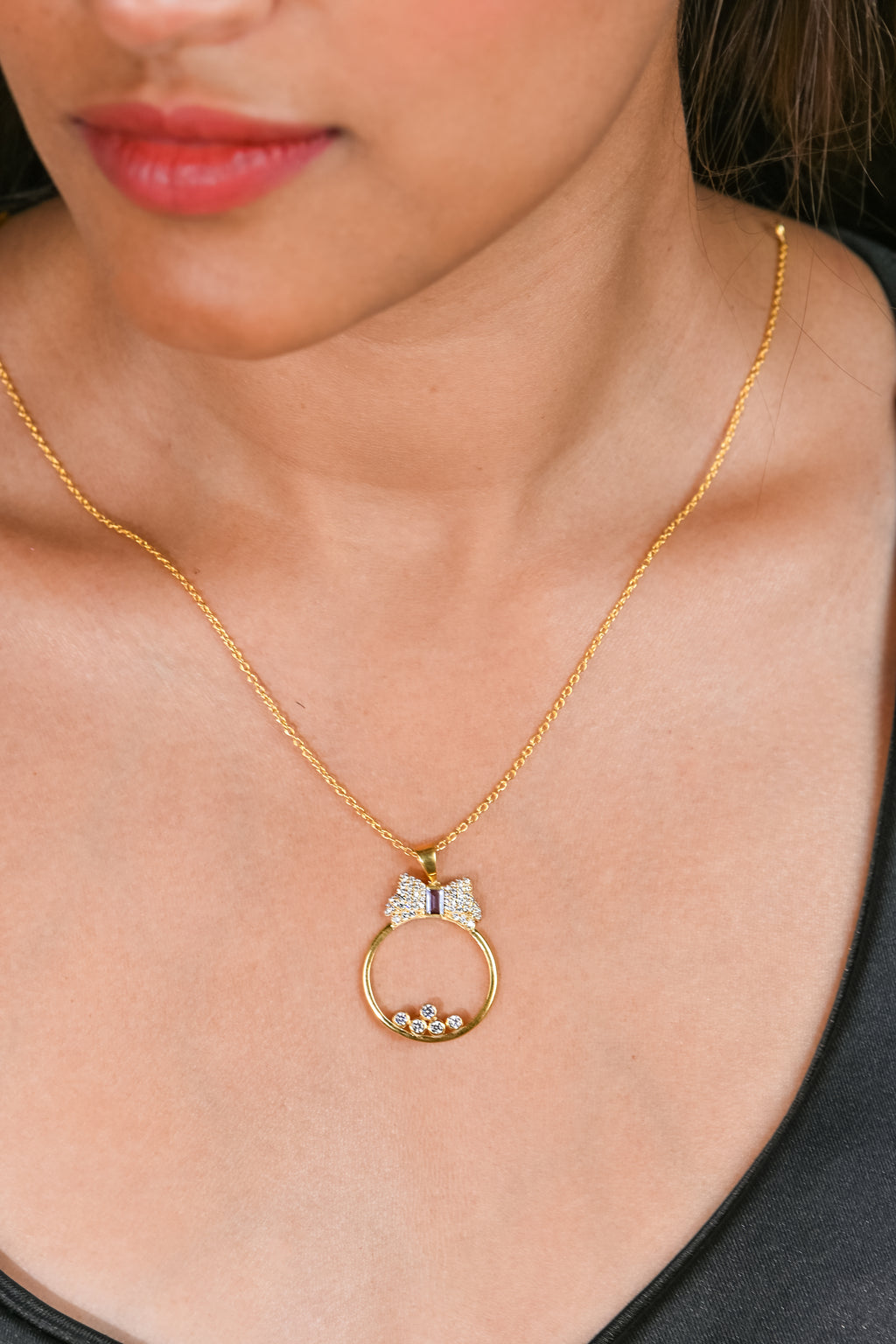 Gold-Plated Silver Bow Pendant Necklace with Moissanite Accents