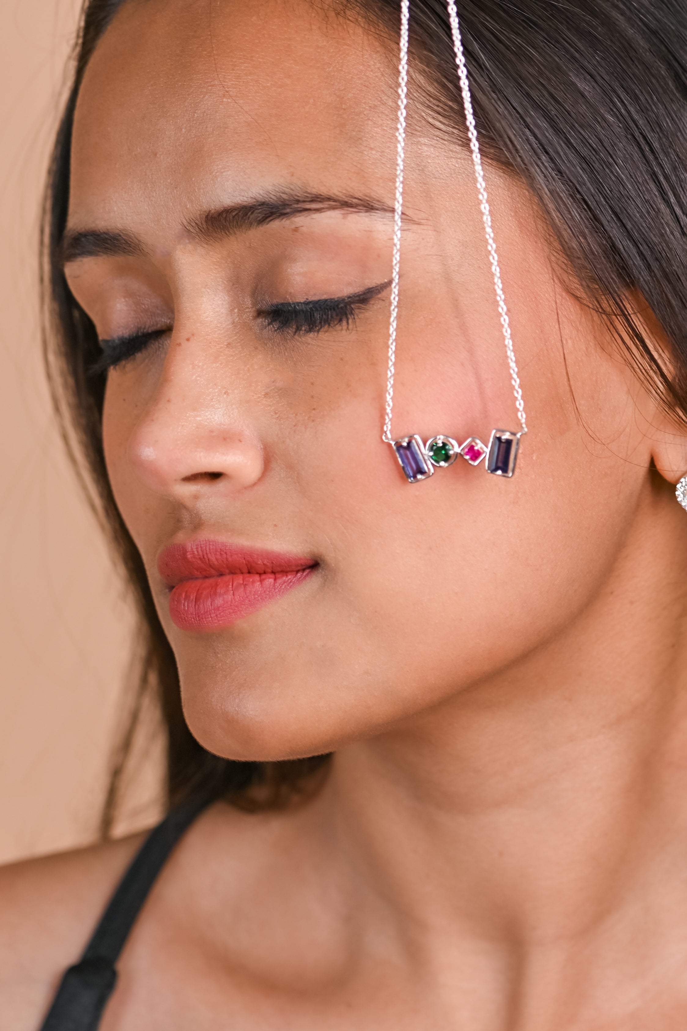 Geometric Lab-Created Gemstone Necklace – Blue, Green & Pink in 925 Sterling Silver