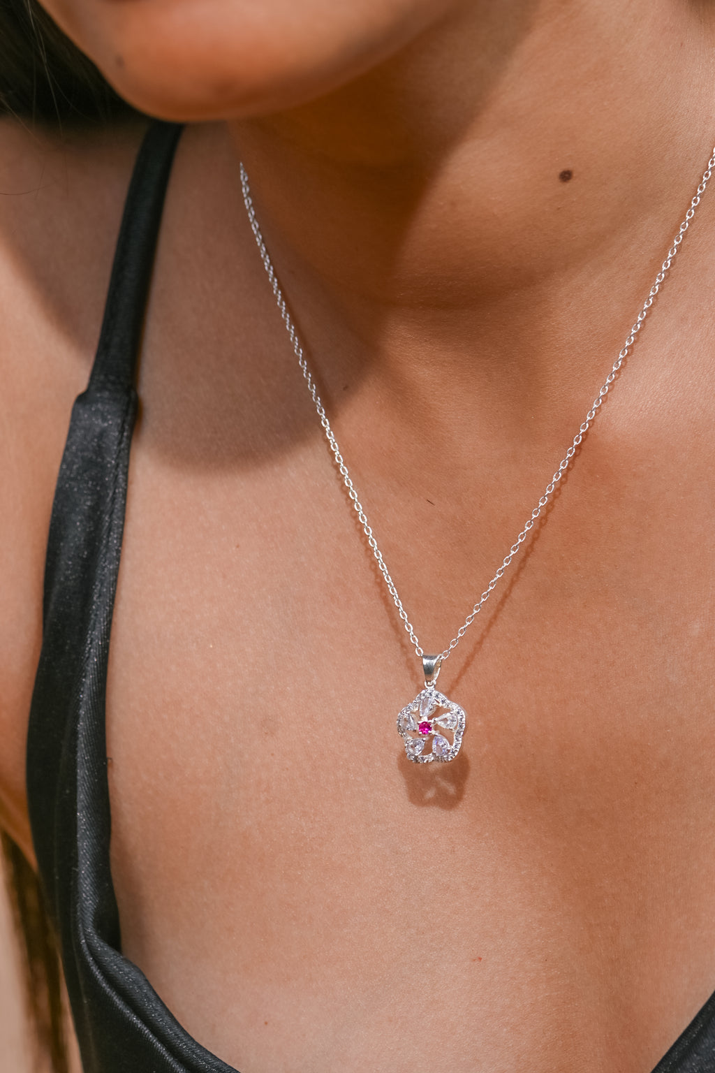 925 Sterling Silver Floral Pendant with Lab-Created Ruby & Moissanite Accents