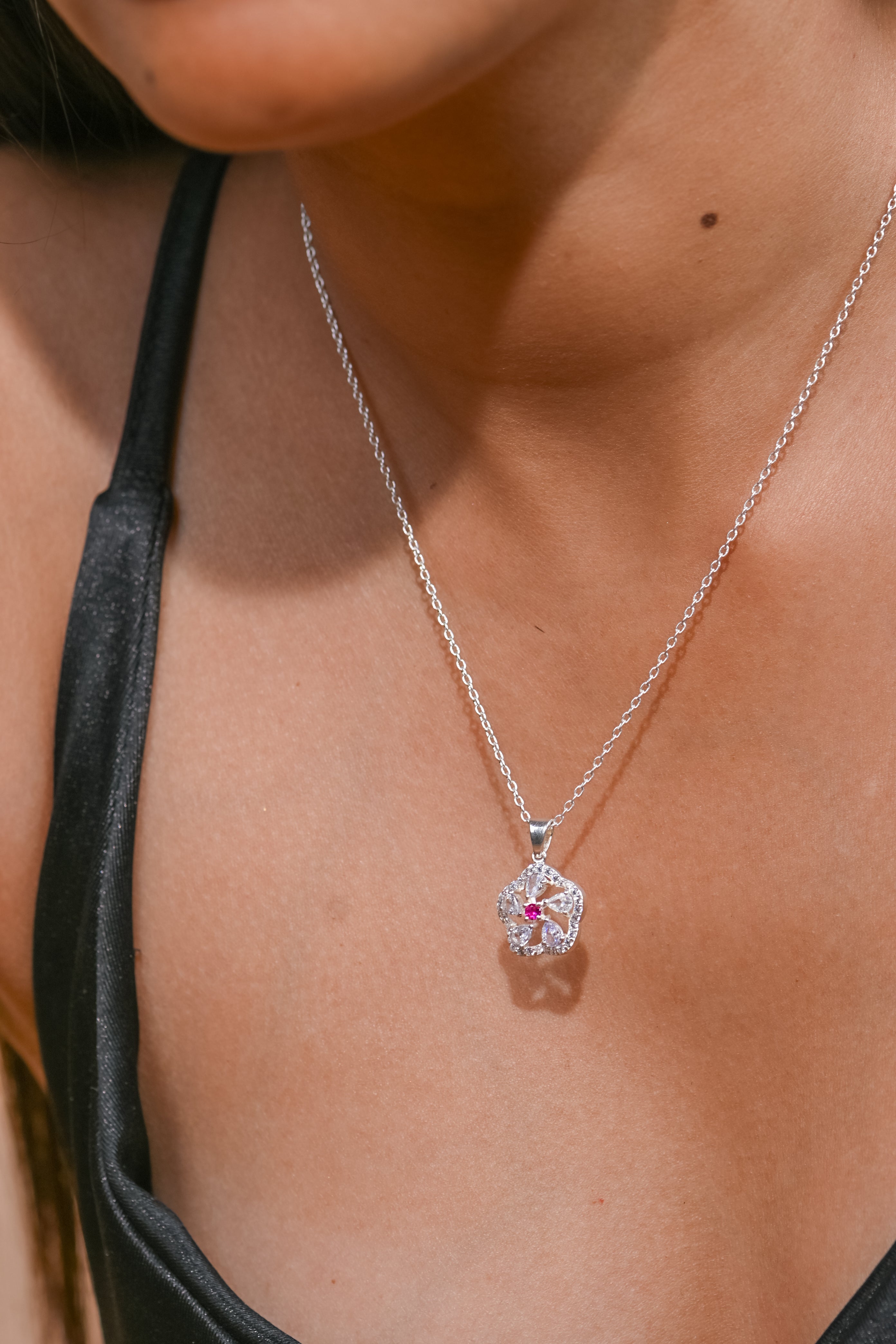 925 Sterling Silver Floral Pendant with Lab-Created Ruby & Moissanite Accents