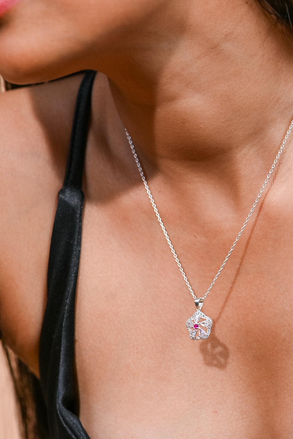 925 Sterling Silver Floral Pendant with Lab-Created Ruby & Moissanite Accents