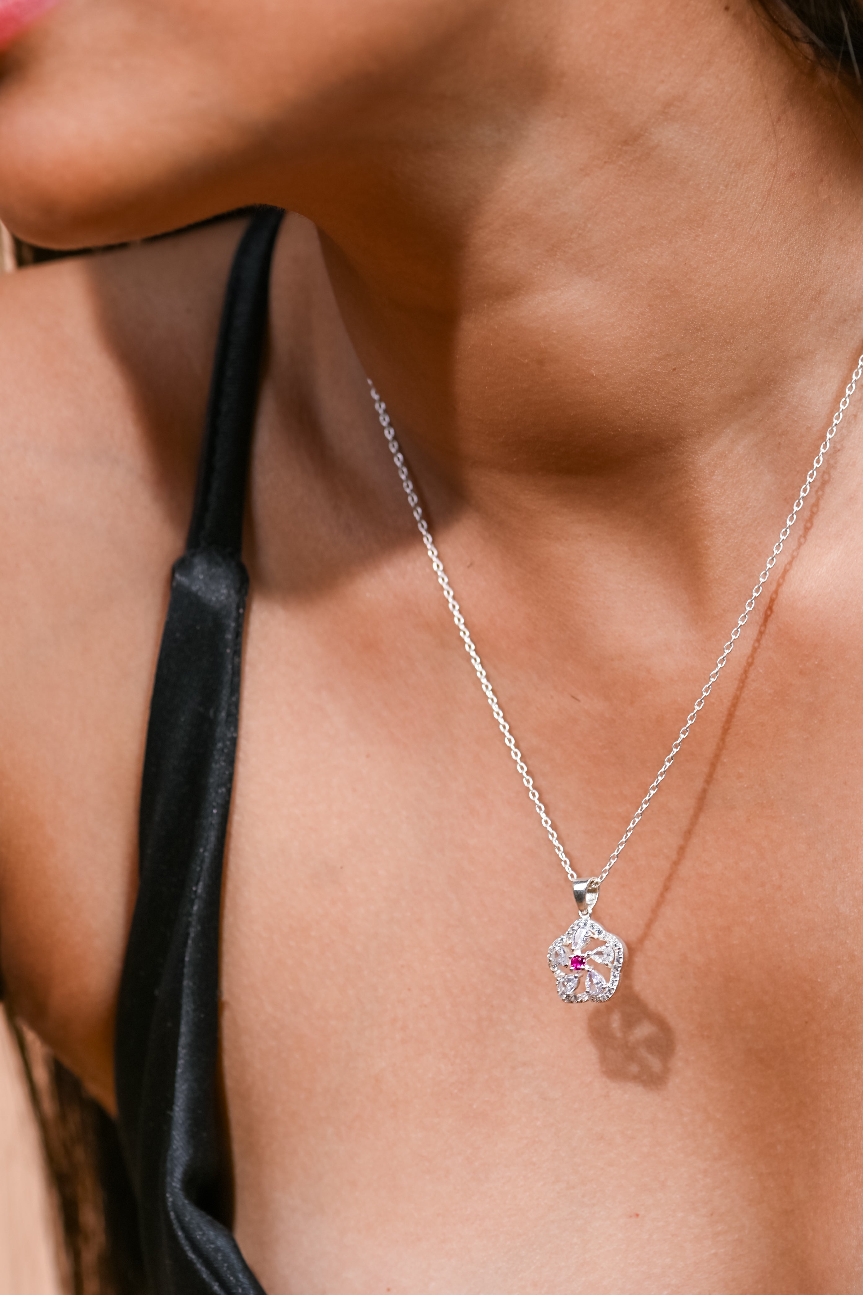 925 Sterling Silver Floral Pendant with Lab-Created Ruby & Moissanite Accents