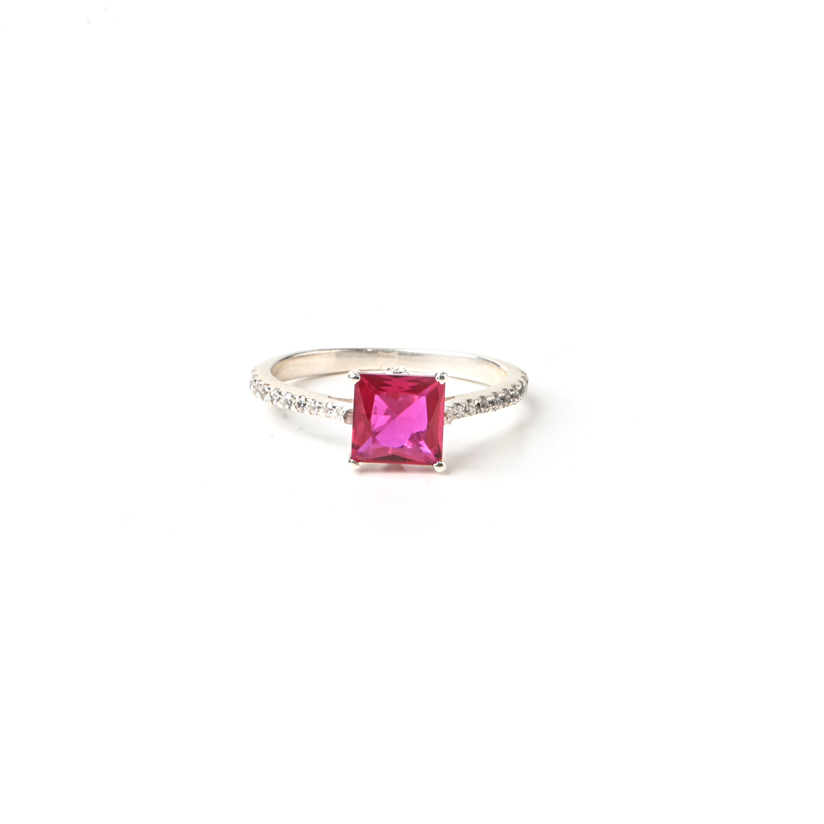 Sterling Silver Lab-Created Ruby Ring with Cubic Zirconia Accents – Princess Cut