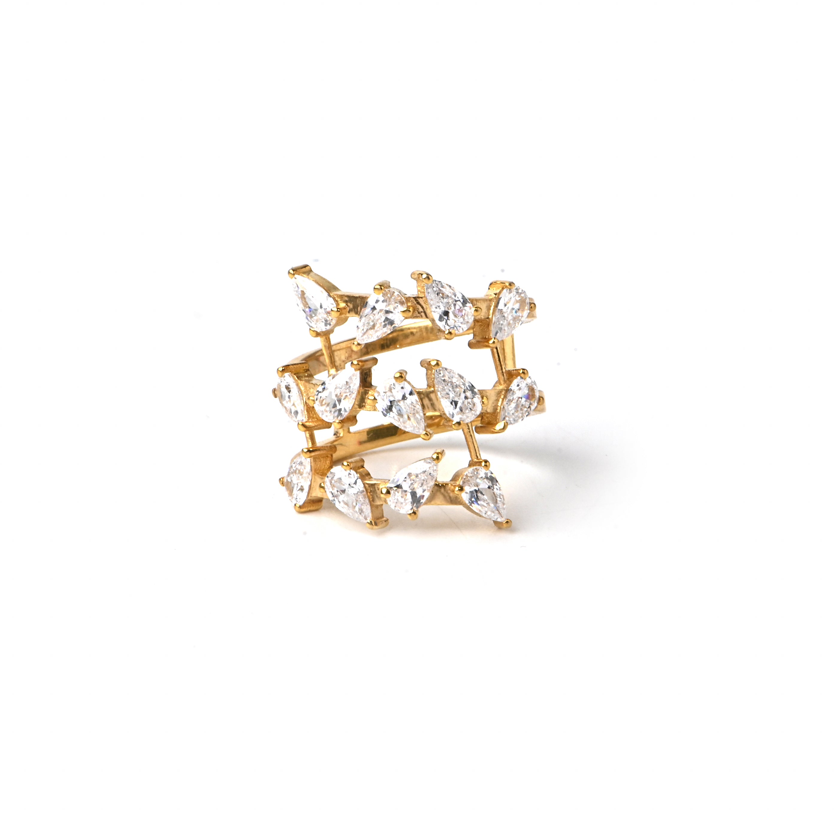 Gold-Plated 925 Sterling Silver Triple Row Ring with Pear-Cut Cubic Zirconia