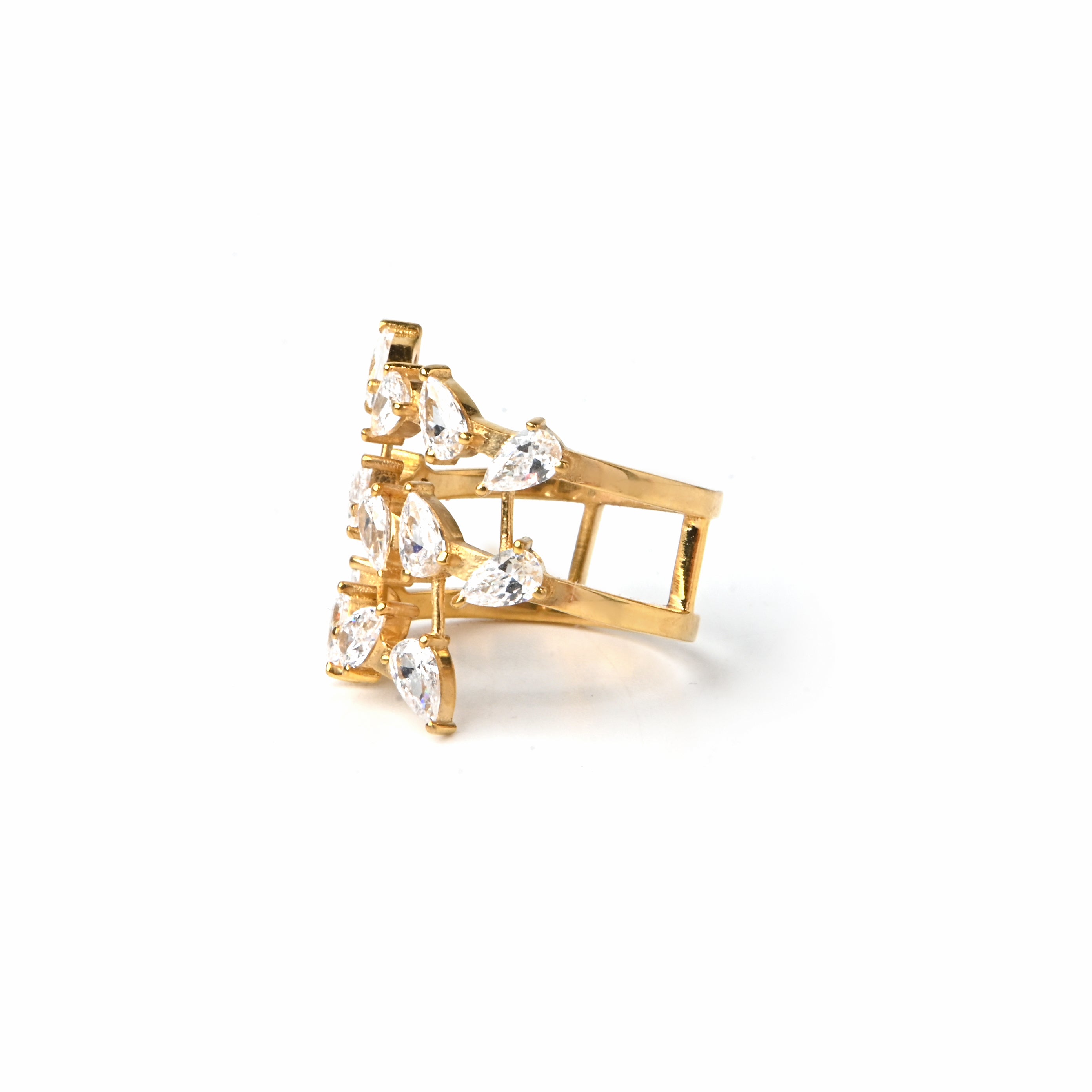 Gold-Plated 925 Sterling Silver Triple Row Ring with Pear-Cut Cubic Zirconia