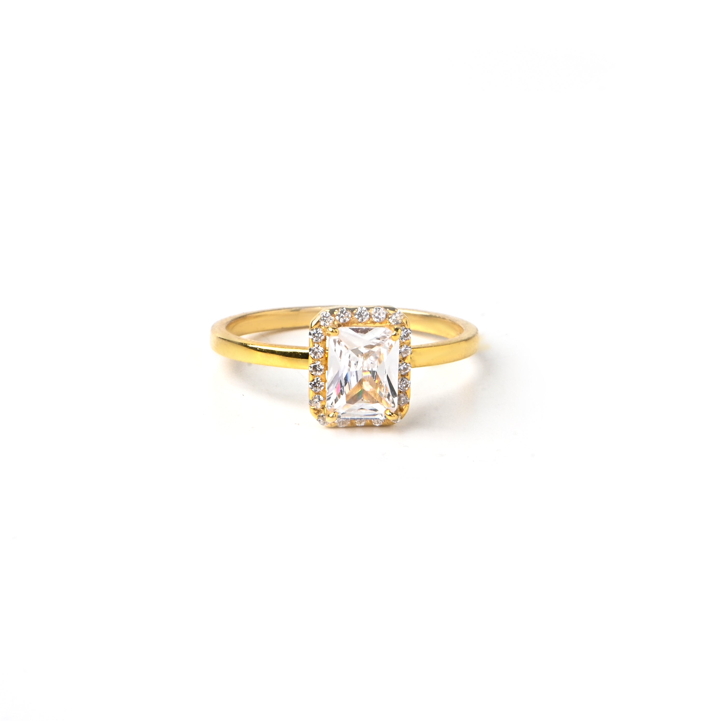 Elegant Gold-Plated Sterling Silver Ring with Cubic Zirconia – Rectangle Halo Design