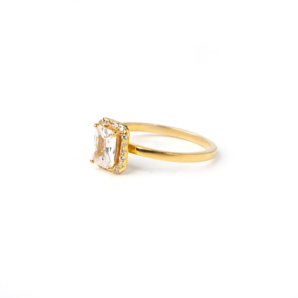 Elegant Gold-Plated Sterling Silver Ring with Cubic Zirconia – Rectangle Halo Design