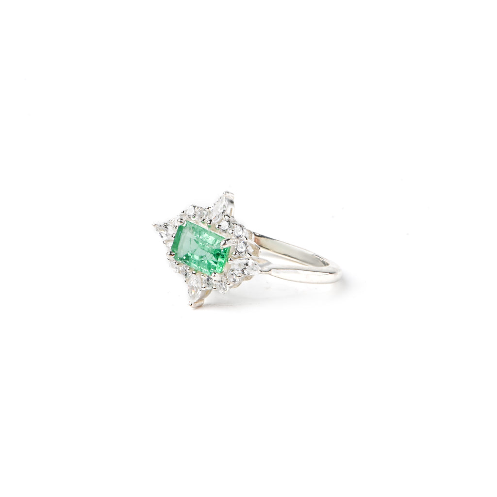 Lab-Created Emerald & CZ Halo Ring – 925 Sterling Silver