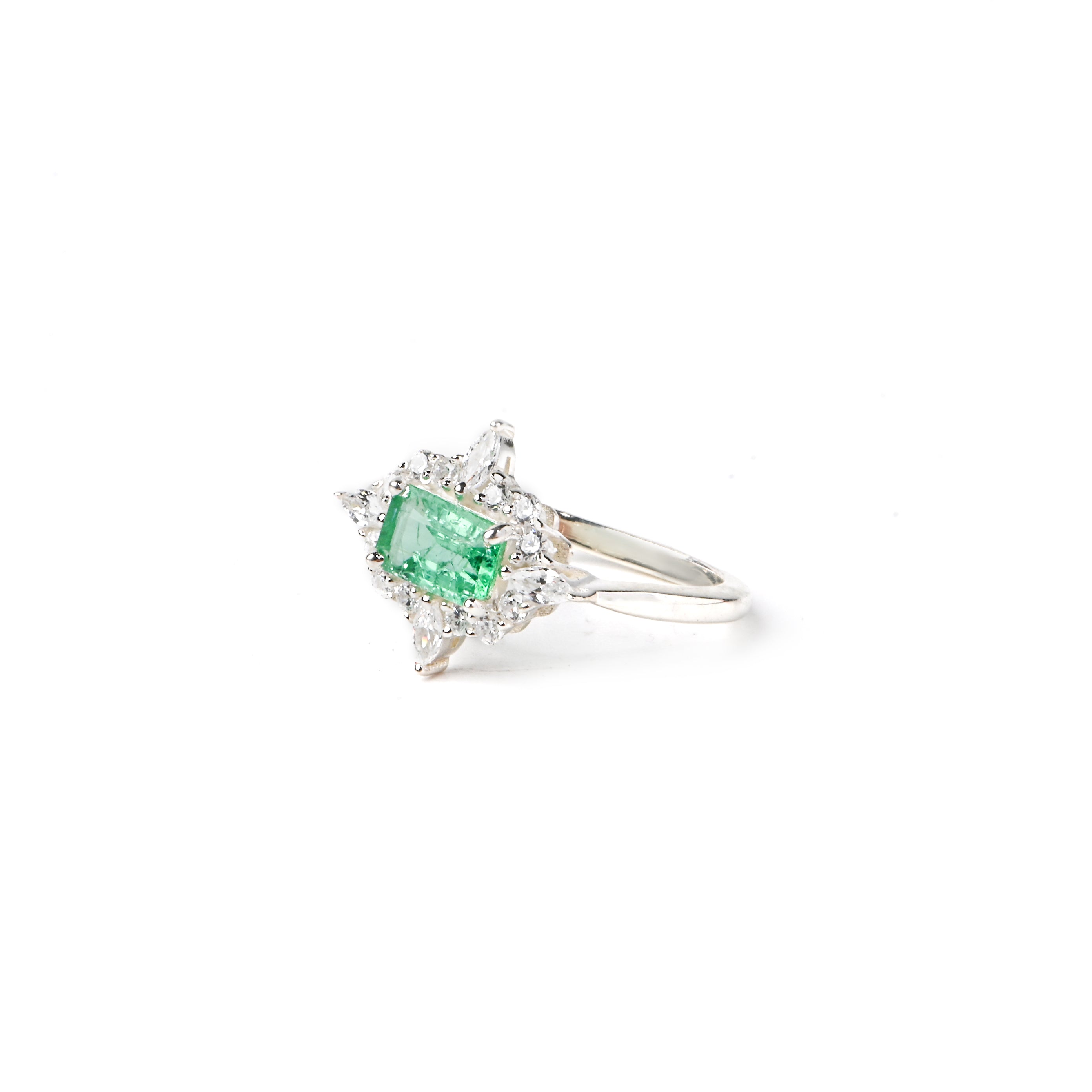 Lab-Created Emerald & CZ Halo Ring – 925 Sterling Silver