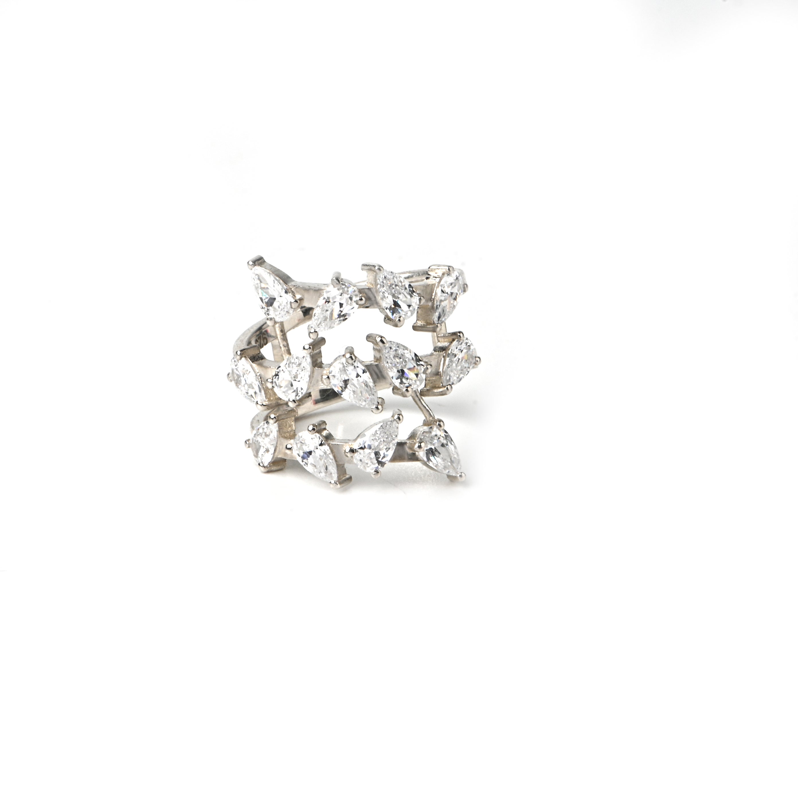 Sterling Silver Multi-Row Leaf Cluster Ring – Pear Cut CZ Statement Band