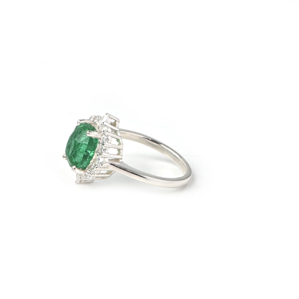 Lab-Created Emerald & CZ Halo Ring – 925 Sterling Silver (Oval Cut)