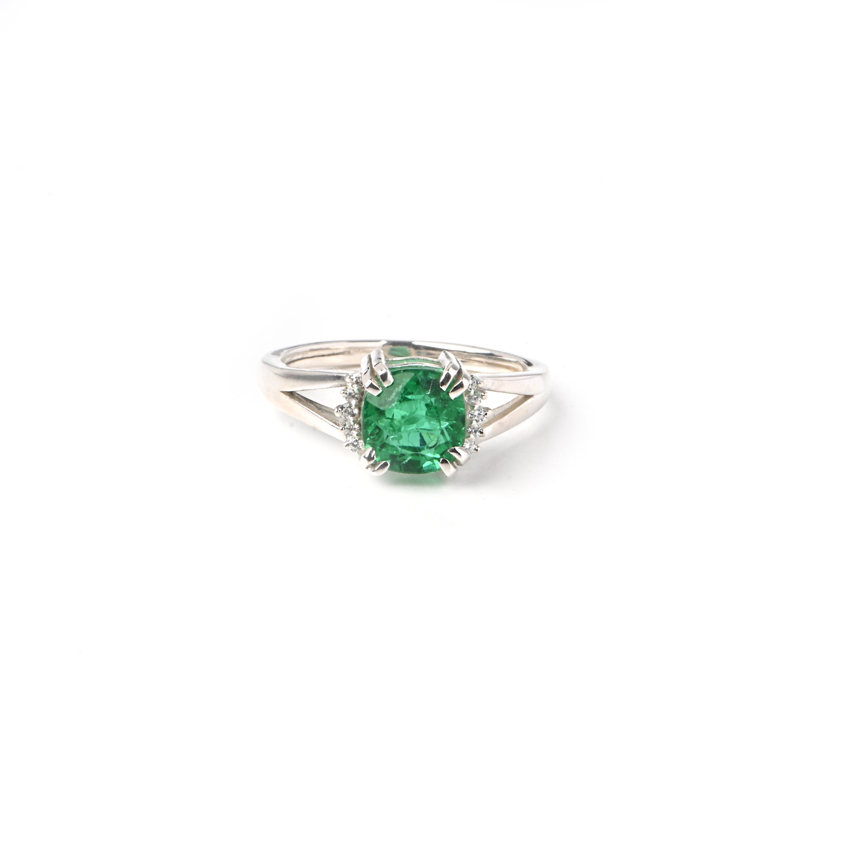 Round Lab-Created Emerald & CZ Accent Ring – 925 Sterling Silver