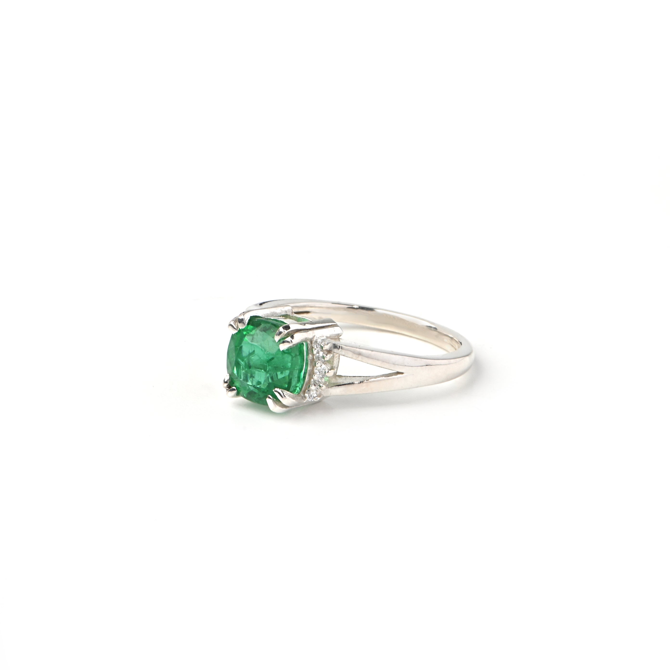 Round Lab-Created Emerald & CZ Accent Ring – 925 Sterling Silver