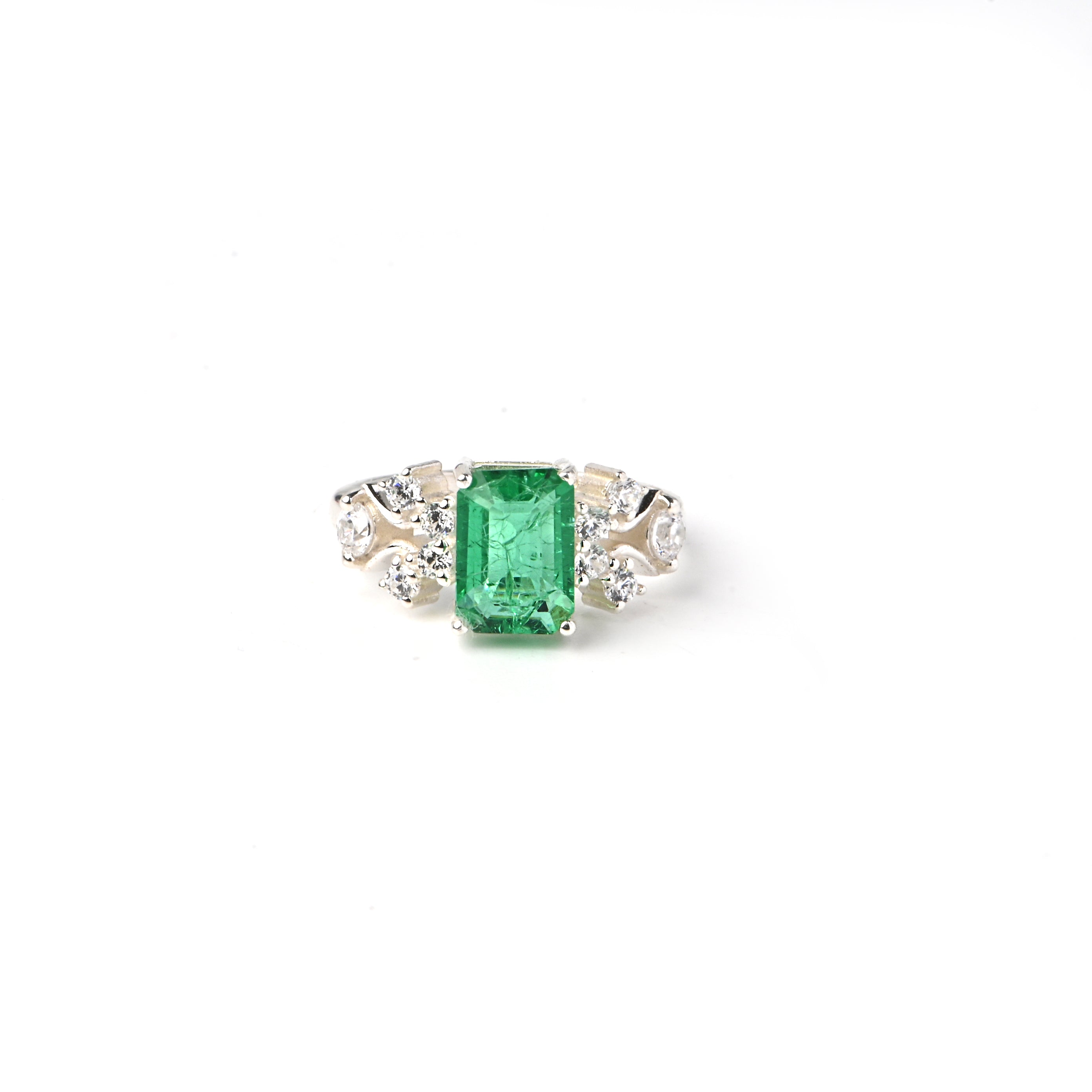 Sterling Silver Lab-Created Emerald Ring with Cubic Zirconia Accents – Vintage Floral Design
