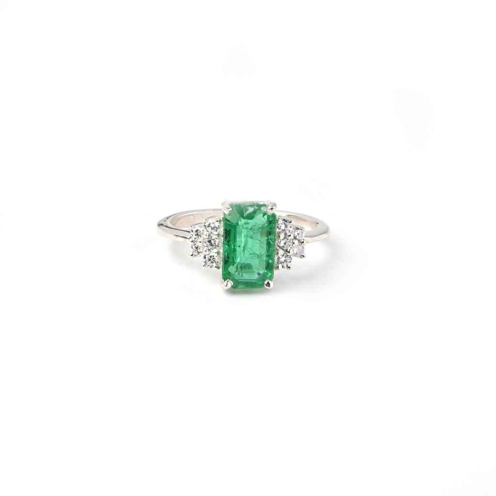 Emerald Cut Lab-Created Emerald Ring – 925 Sterling Silver with CZ Accents