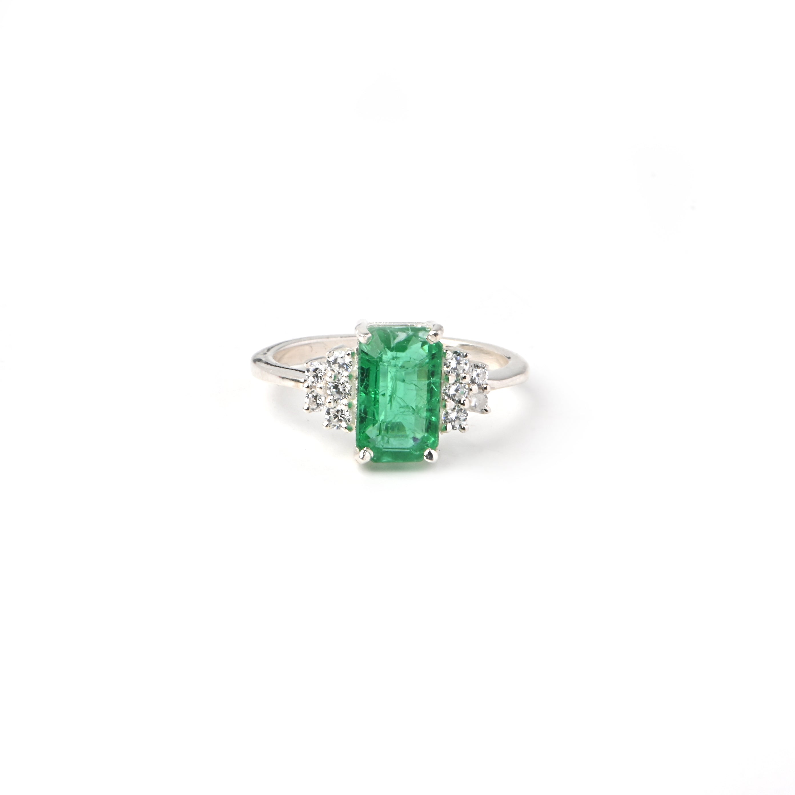 Emerald Cut Lab-Created Emerald Ring – 925 Sterling Silver with CZ Accents