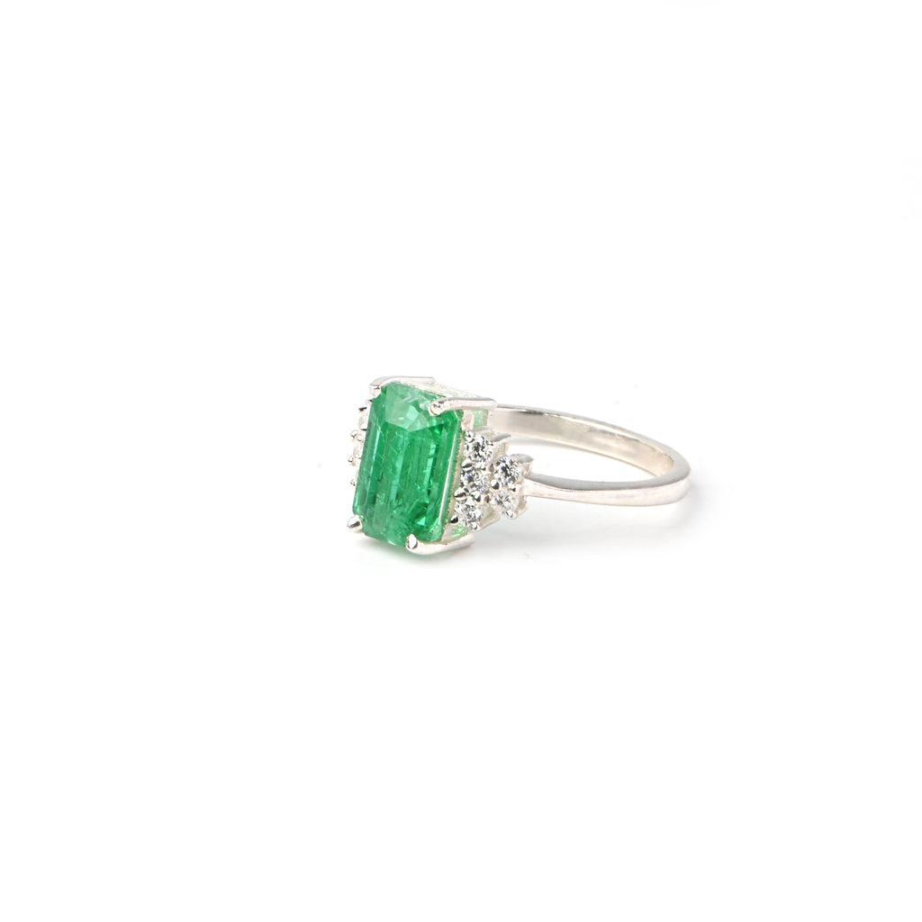 Emerald Cut Lab-Created Emerald Ring – 925 Sterling Silver with CZ Accents