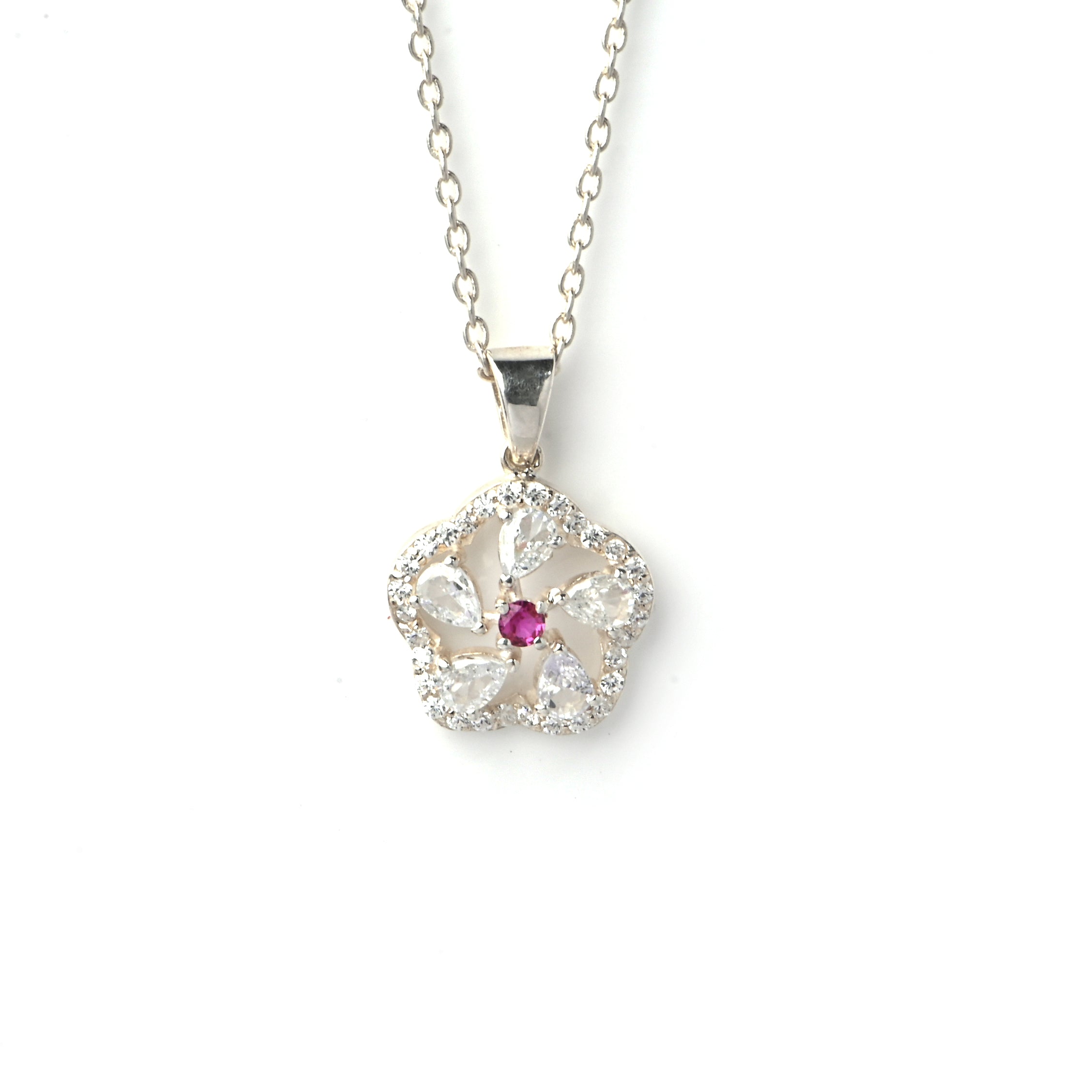 925 Sterling Silver Floral Pendant with Lab-Created Ruby & Moissanite Accents