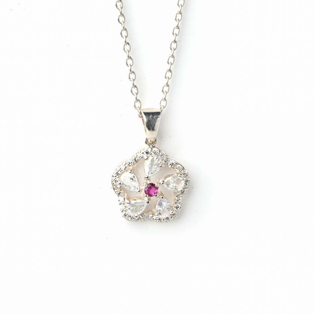 925 Sterling Silver Floral Pendant with Lab-Created Ruby & Moissanite Accents