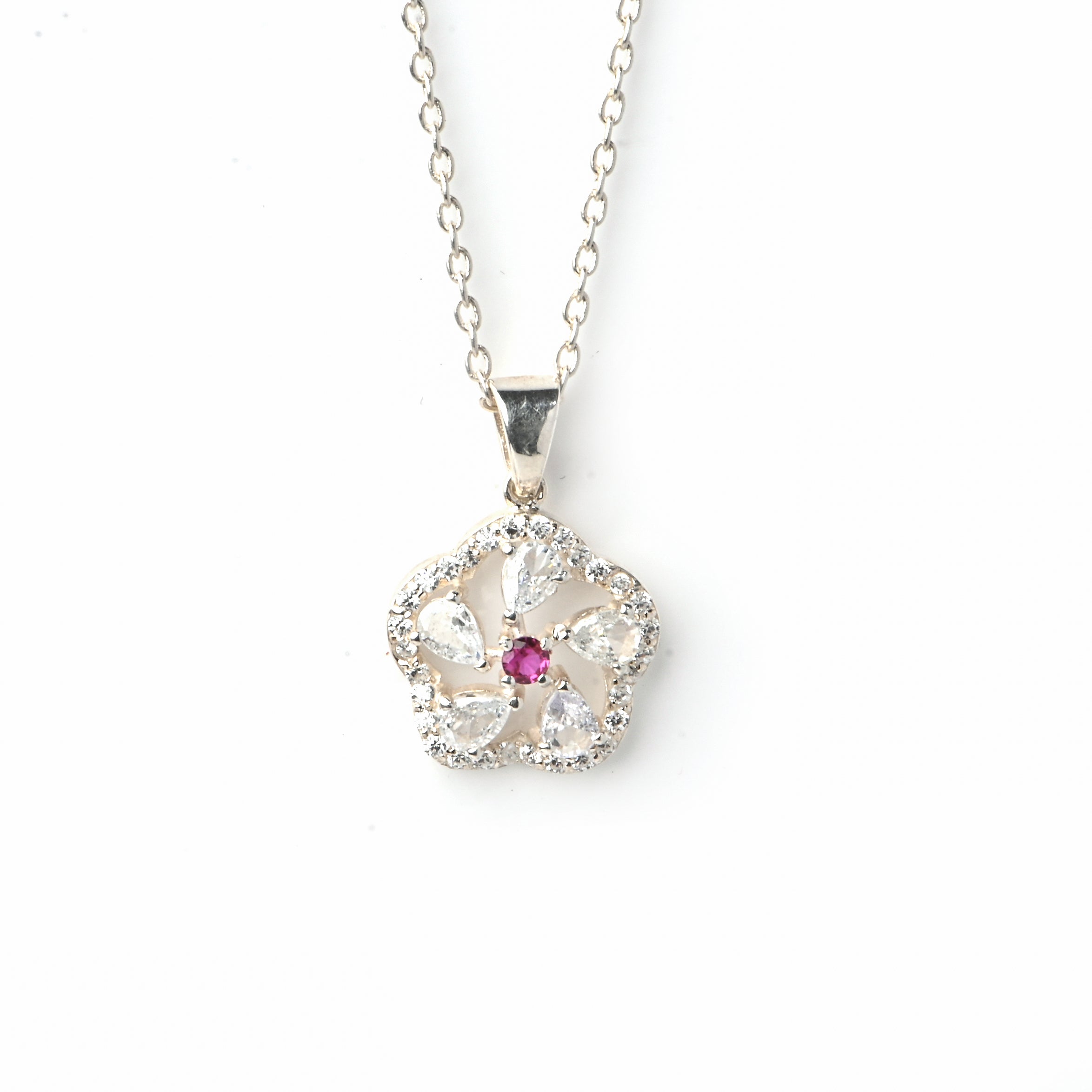925 Sterling Silver Floral Pendant with Lab-Created Ruby & Moissanite Accents
