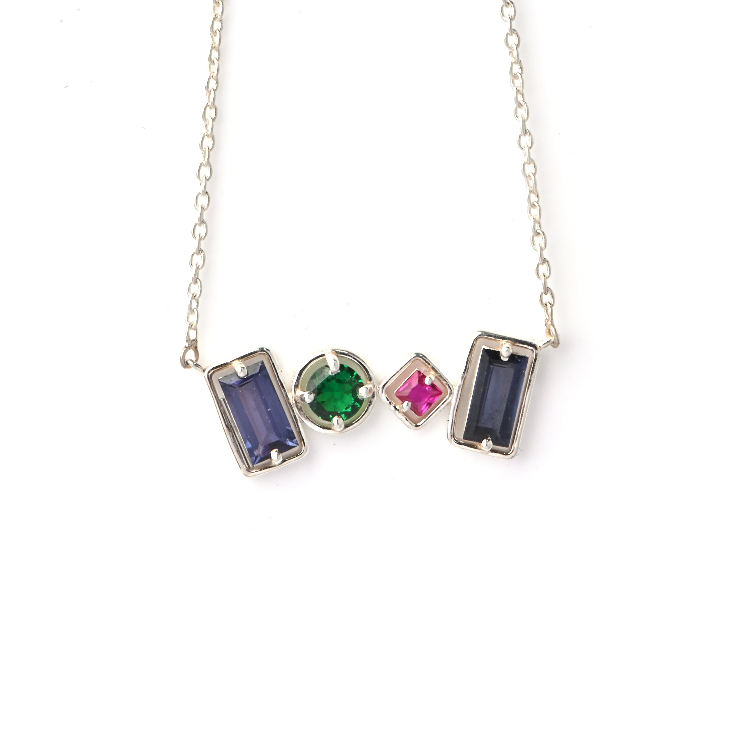 Geometric Lab-Created Gemstone Necklace – Blue, Green & Pink in 925 Sterling Silver