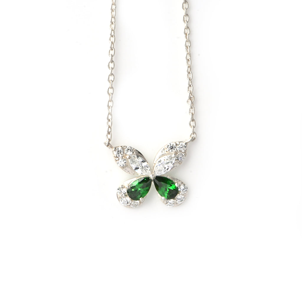 Butterfly Pendant Necklace with Lab Emerald and Moissanite in Silver
