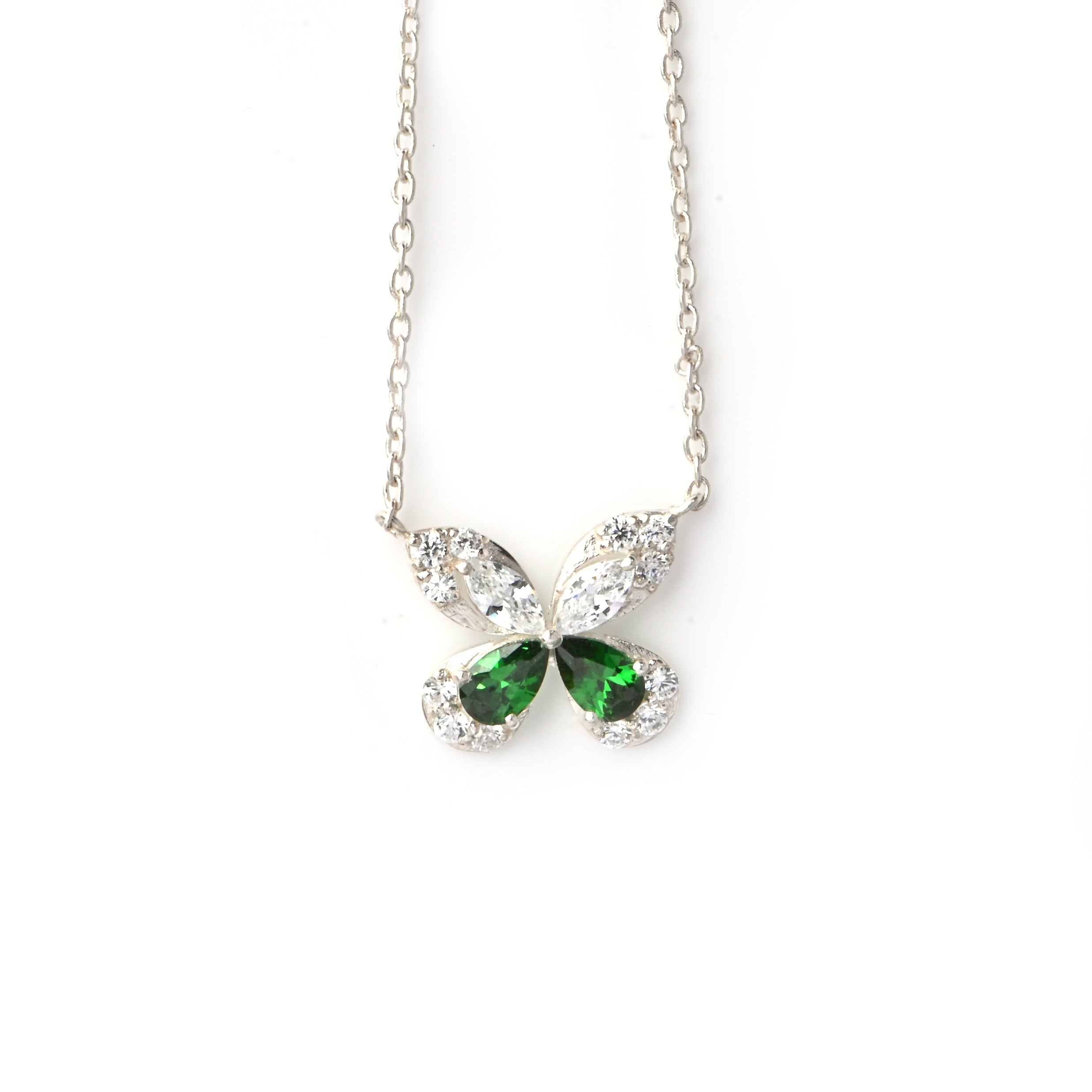 Butterfly Pendant Necklace with Lab Emerald and Moissanite in Silver