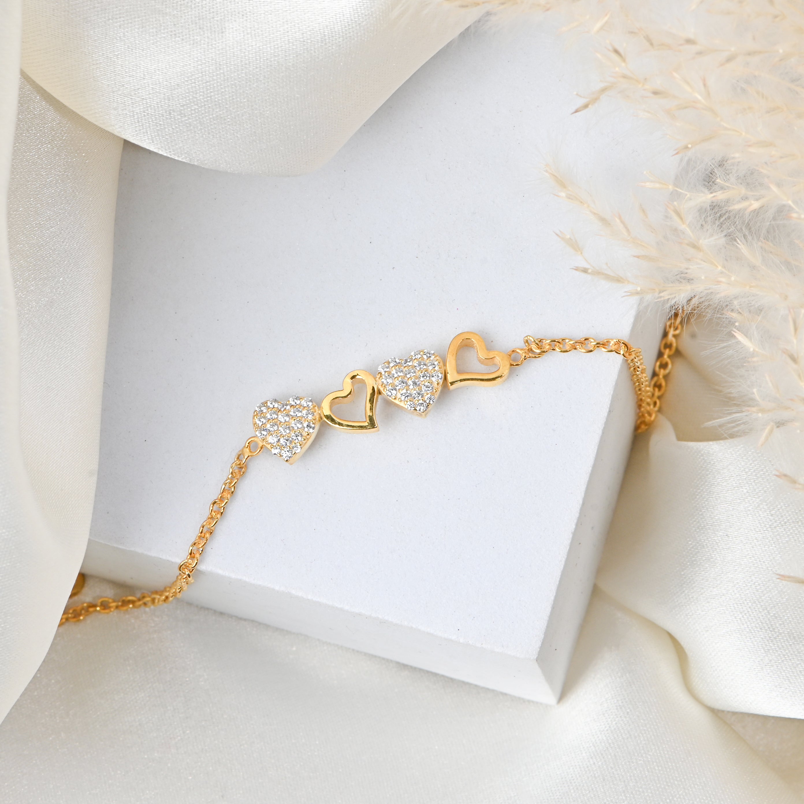 Moissanite Heart Charm Bracelet in 925 Sterling Silver with Gold Plating