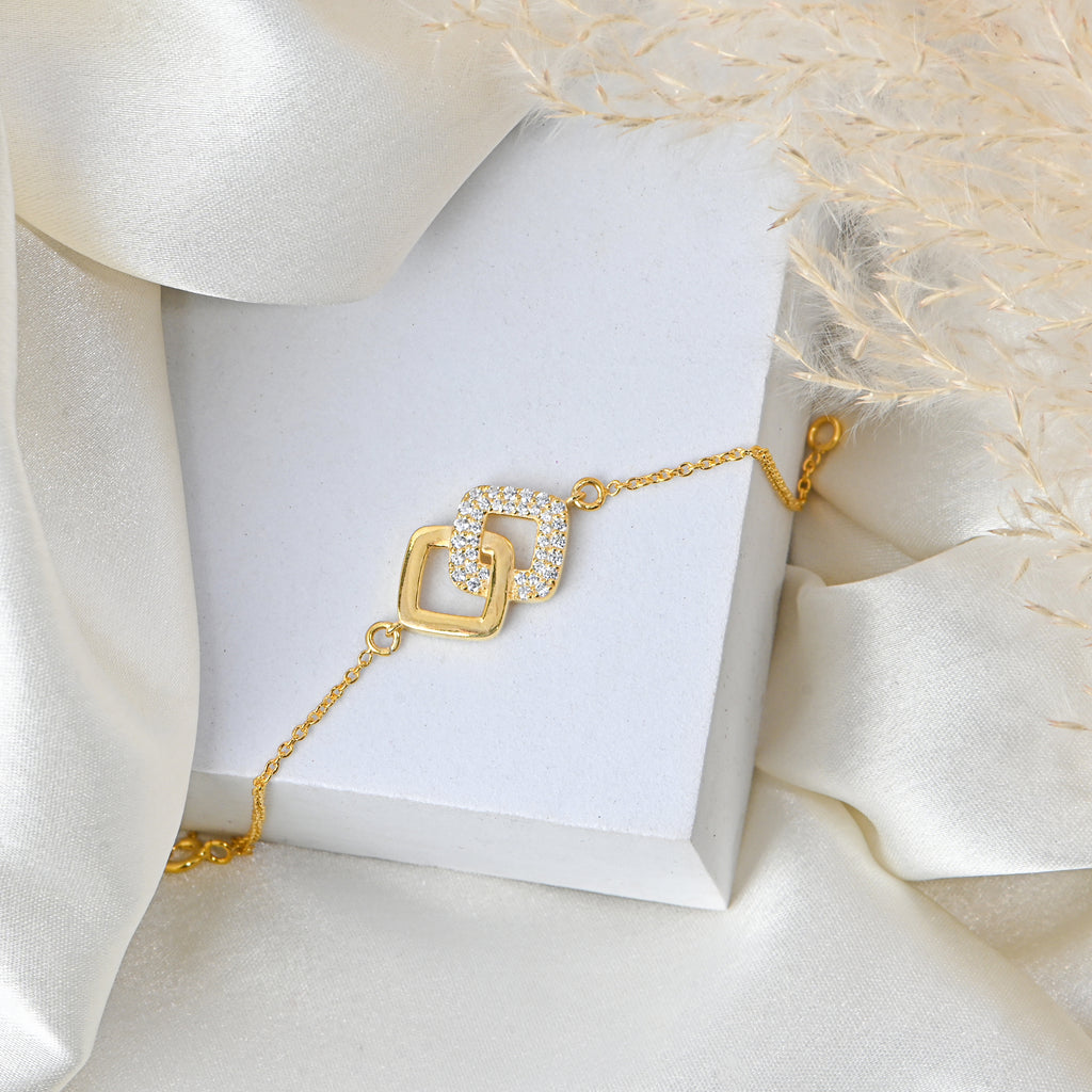 Interlinked Moissanite Square Bracelet in 925 Sterling Silver with Gold Plating