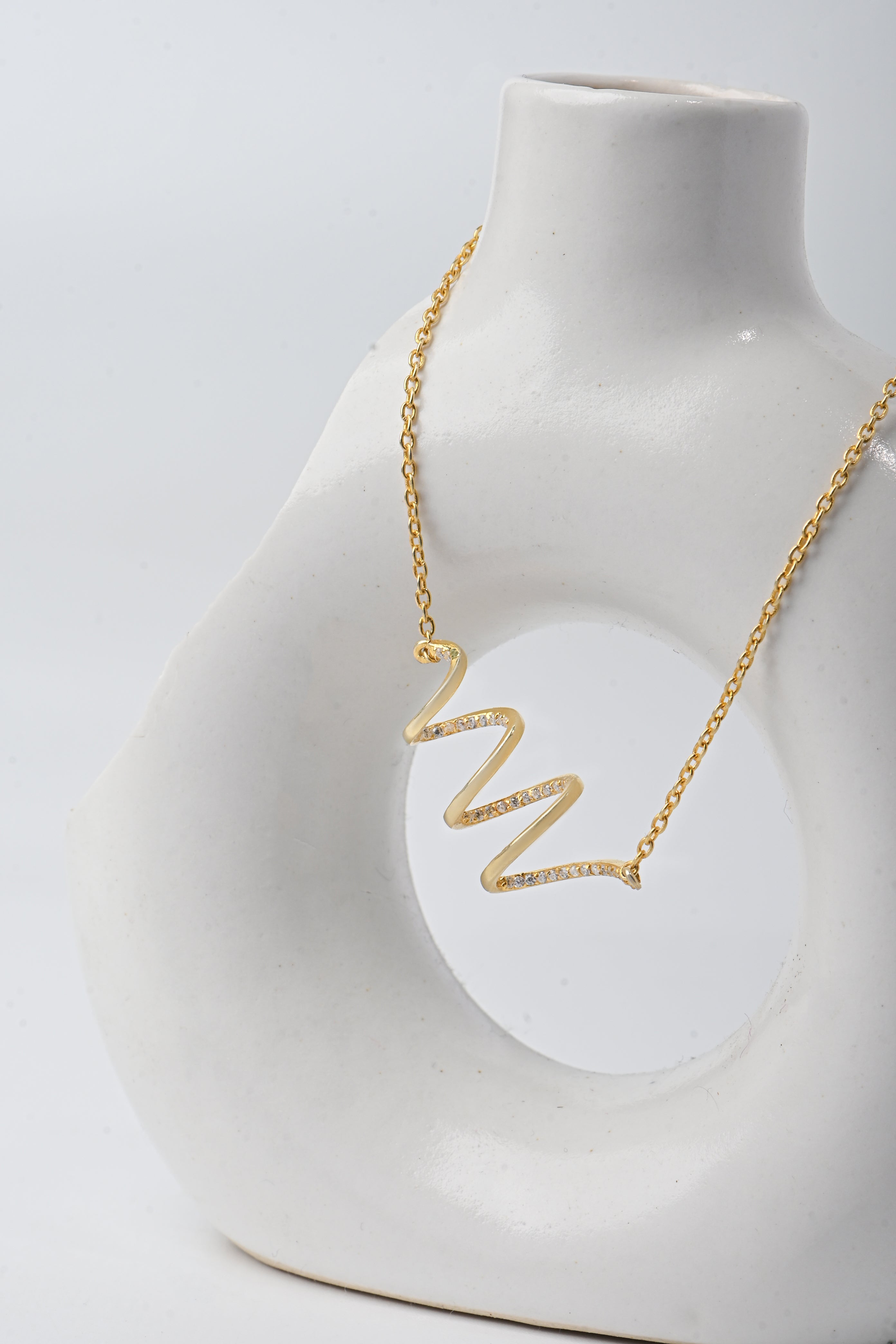 Gold-Plated Silver Wave Pendant Necklace with Moissanite Accents