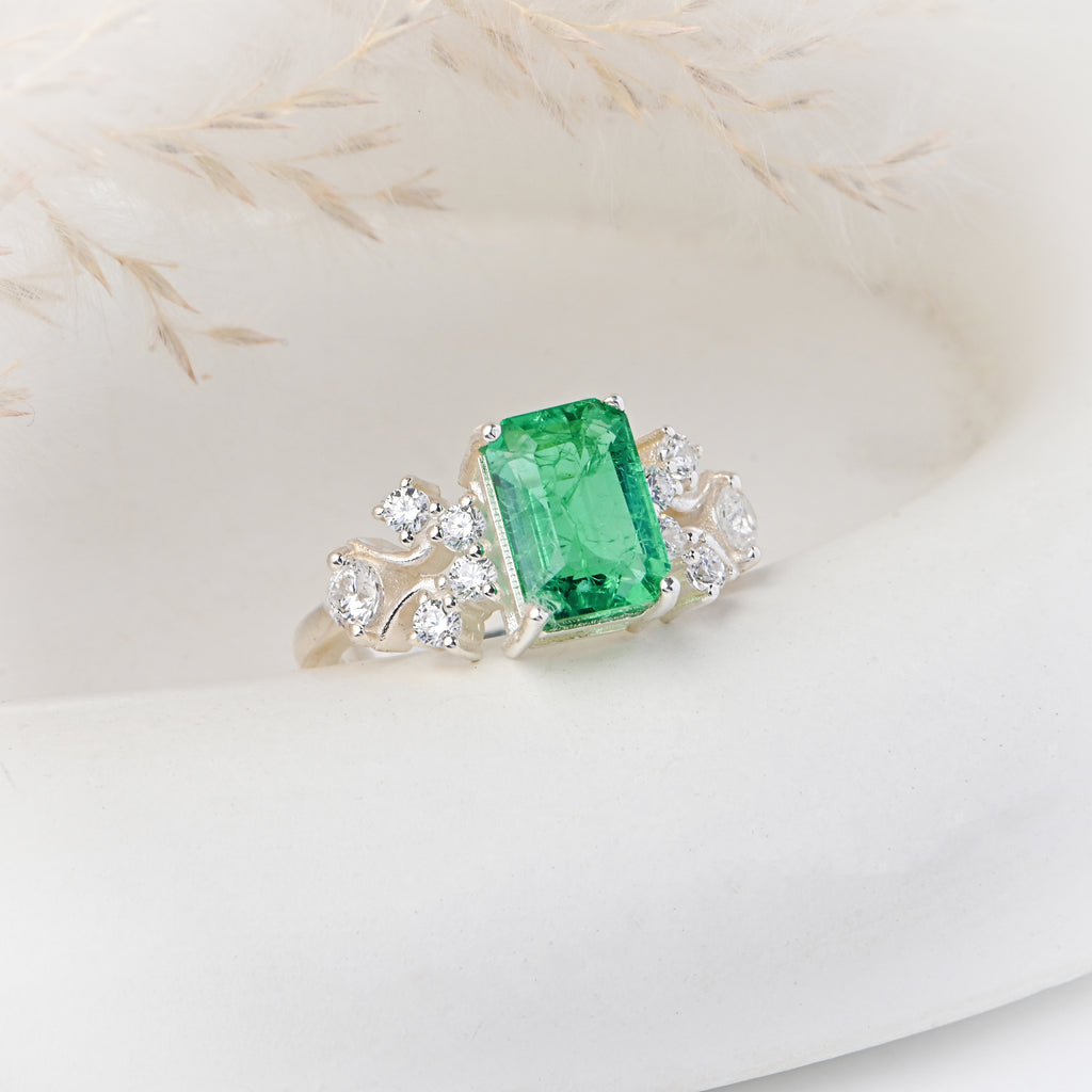 Sterling Silver Lab-Created Emerald Ring with Cubic Zirconia Accents – Vintage Floral Design
