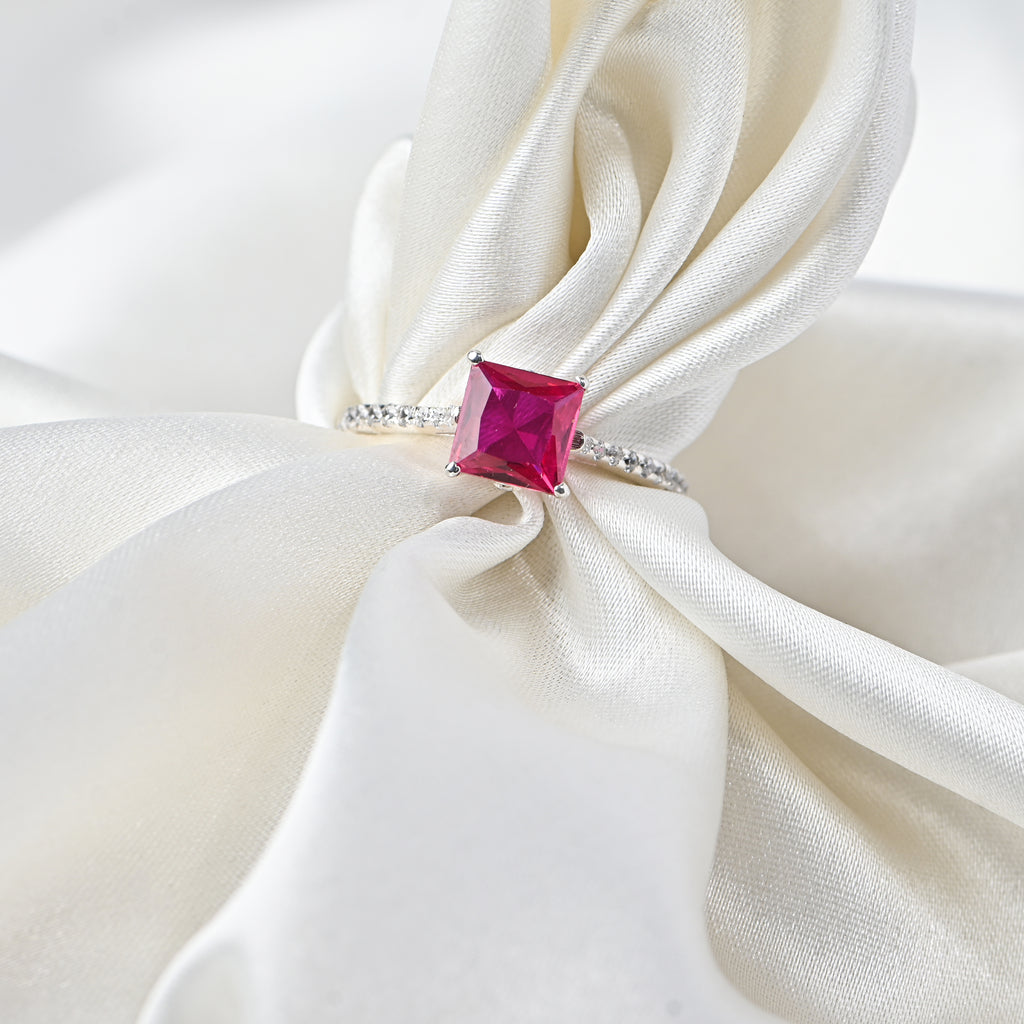 Sterling Silver Lab-Created Ruby Ring with Cubic Zirconia Accents – Princess Cut