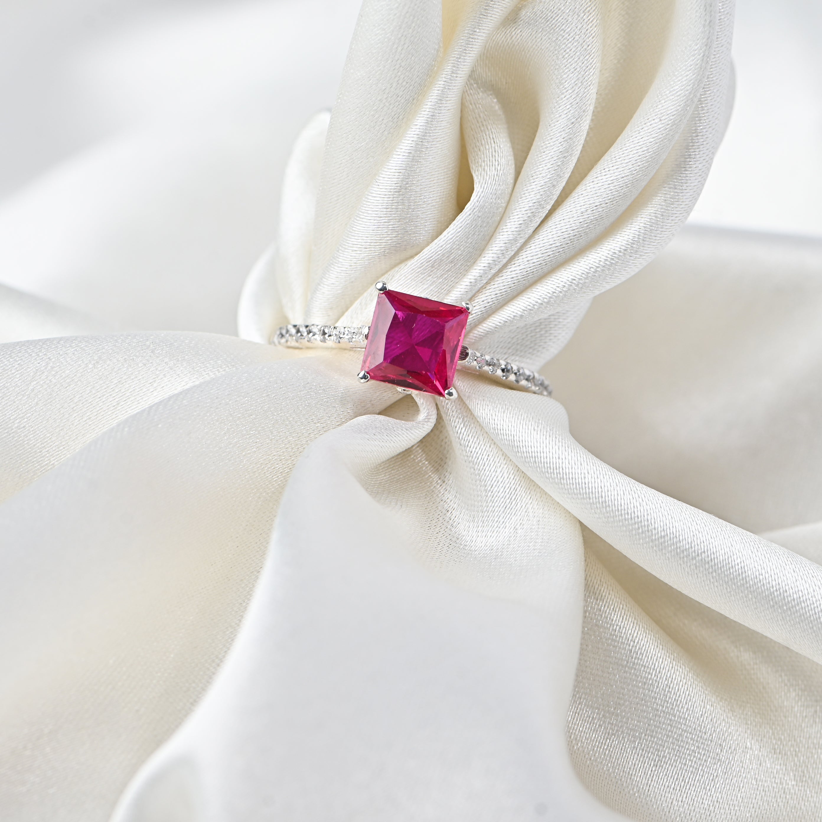 Sterling Silver Lab-Created Ruby Ring with Cubic Zirconia Accents – Princess Cut