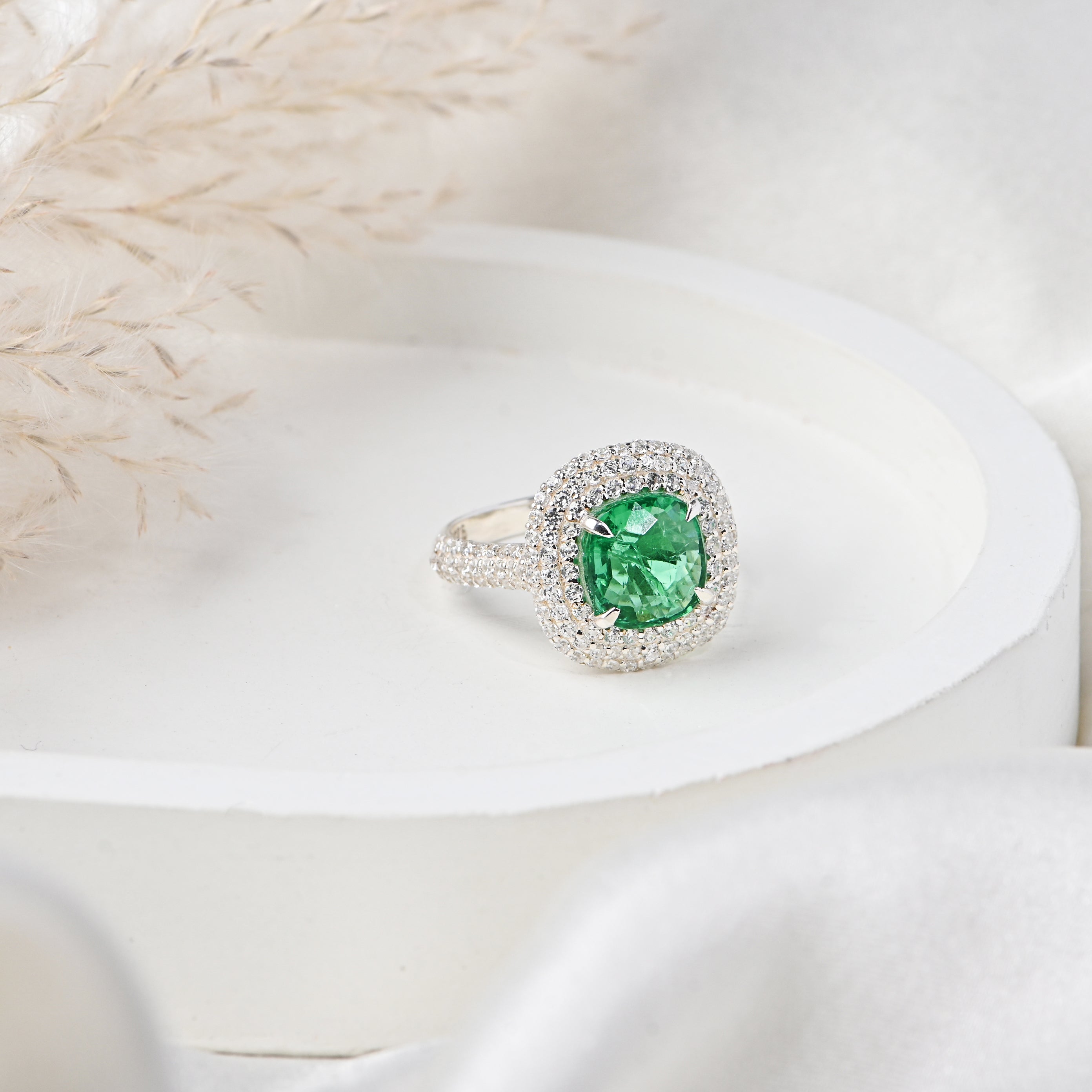Emerald Cut Lab-Created Emerald Ring – 925 Sterling Silver with CZ Accents