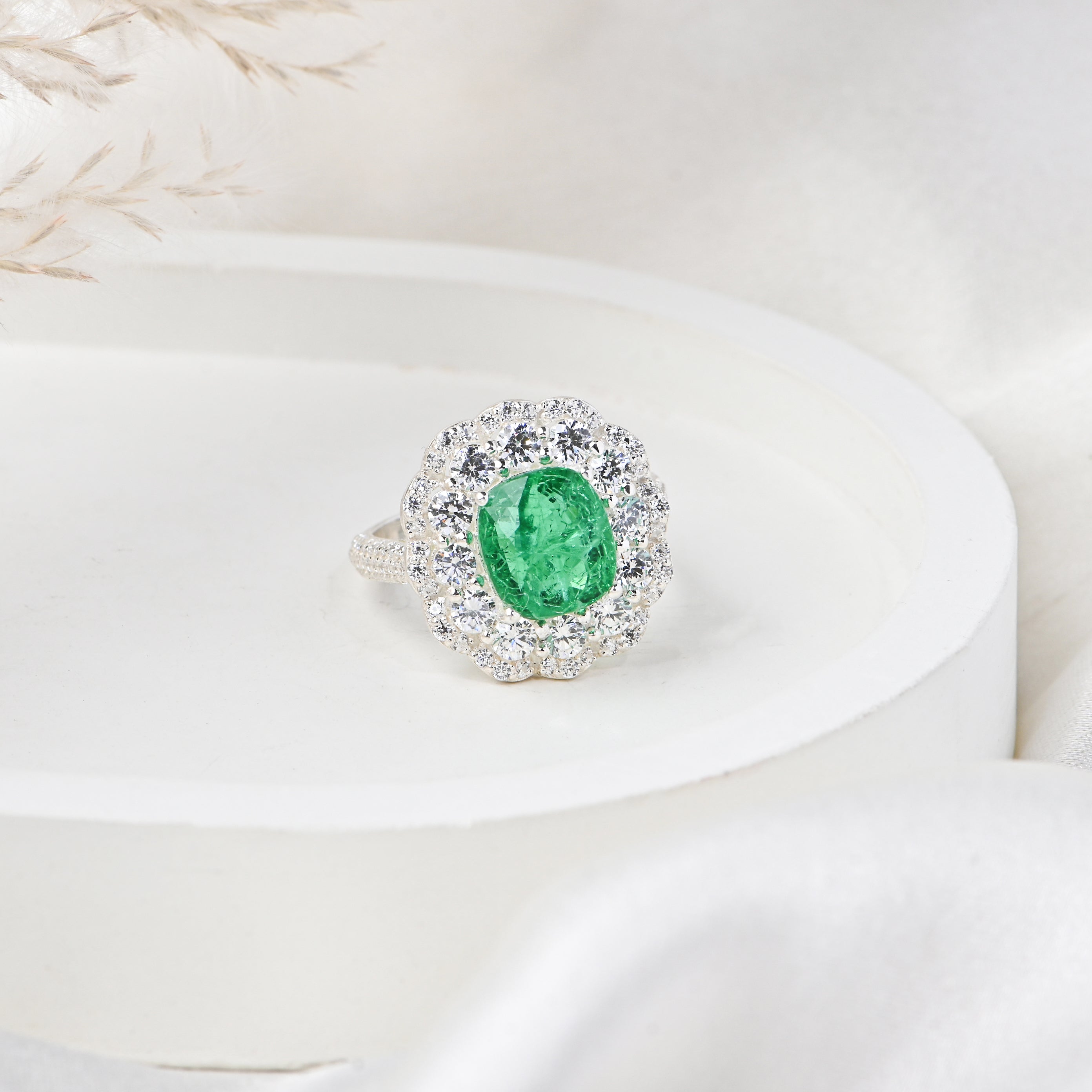 Bold Lab-Created Emerald & CZ Ring – 925 Sterling Silver Statement Ring