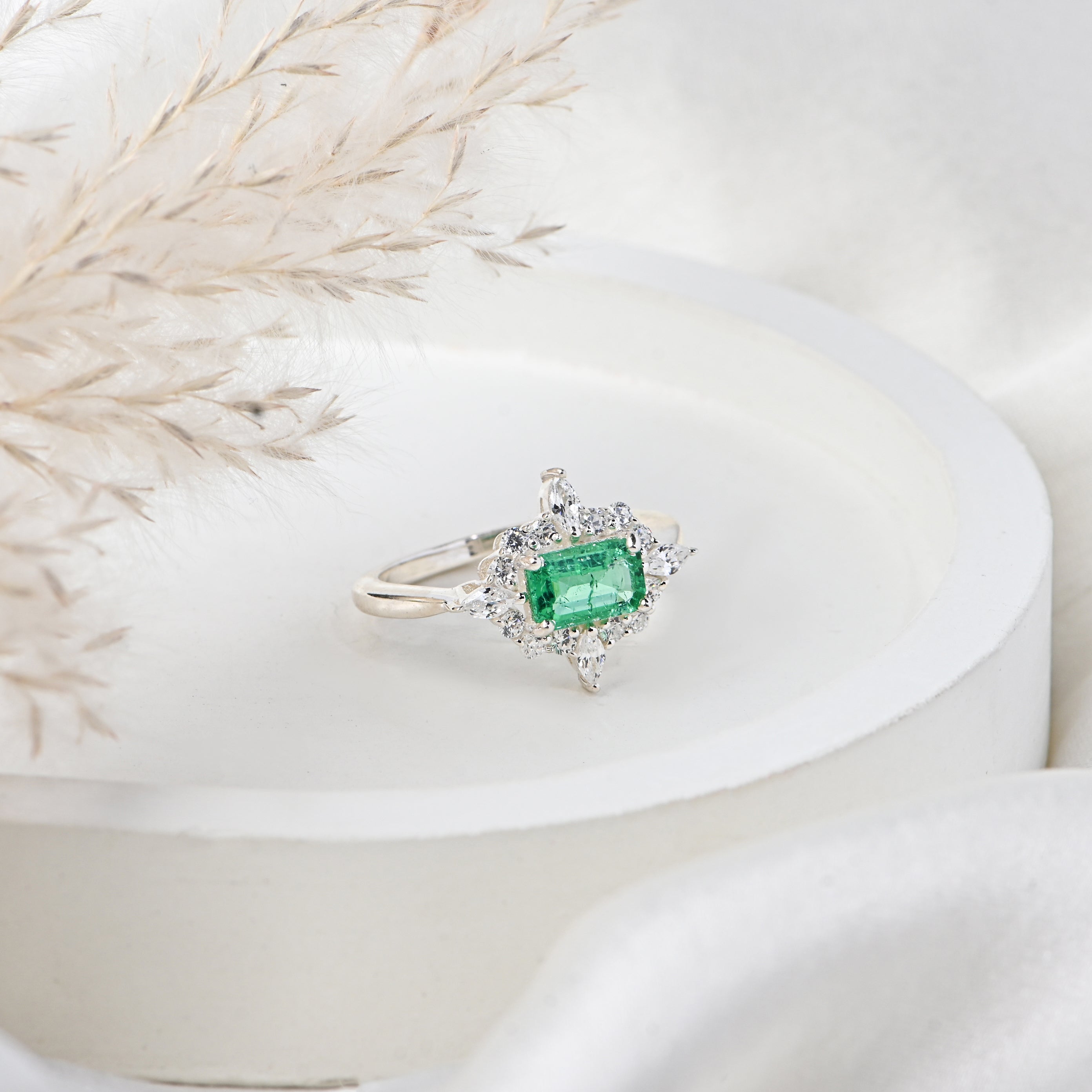 Lab-Created Emerald & CZ Halo Ring – 925 Sterling Silver