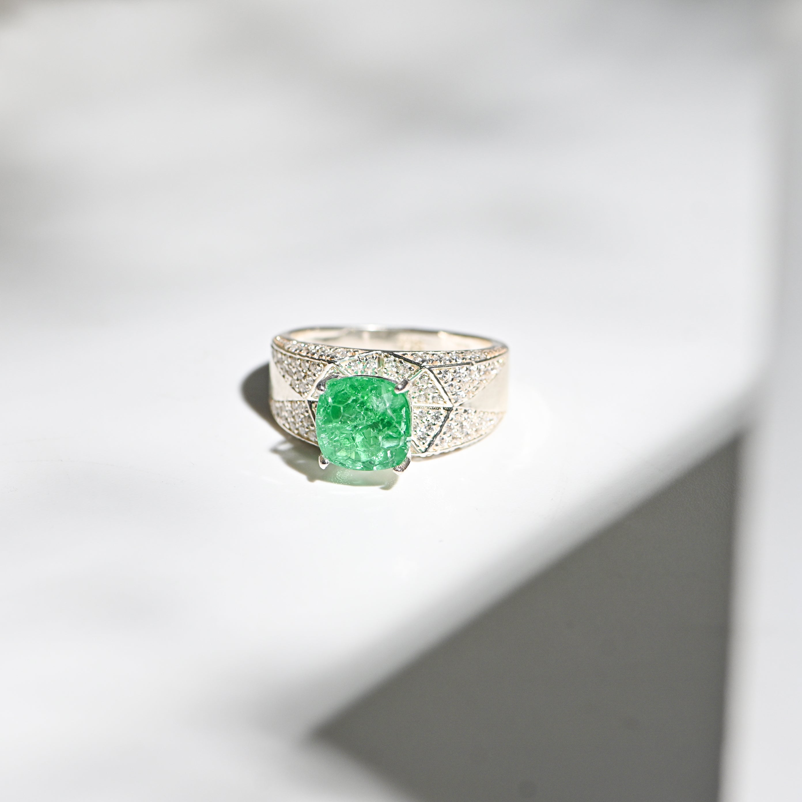 Bold Lab-Created Emerald & CZ Ring – 925 Sterling Silver Statement Ring