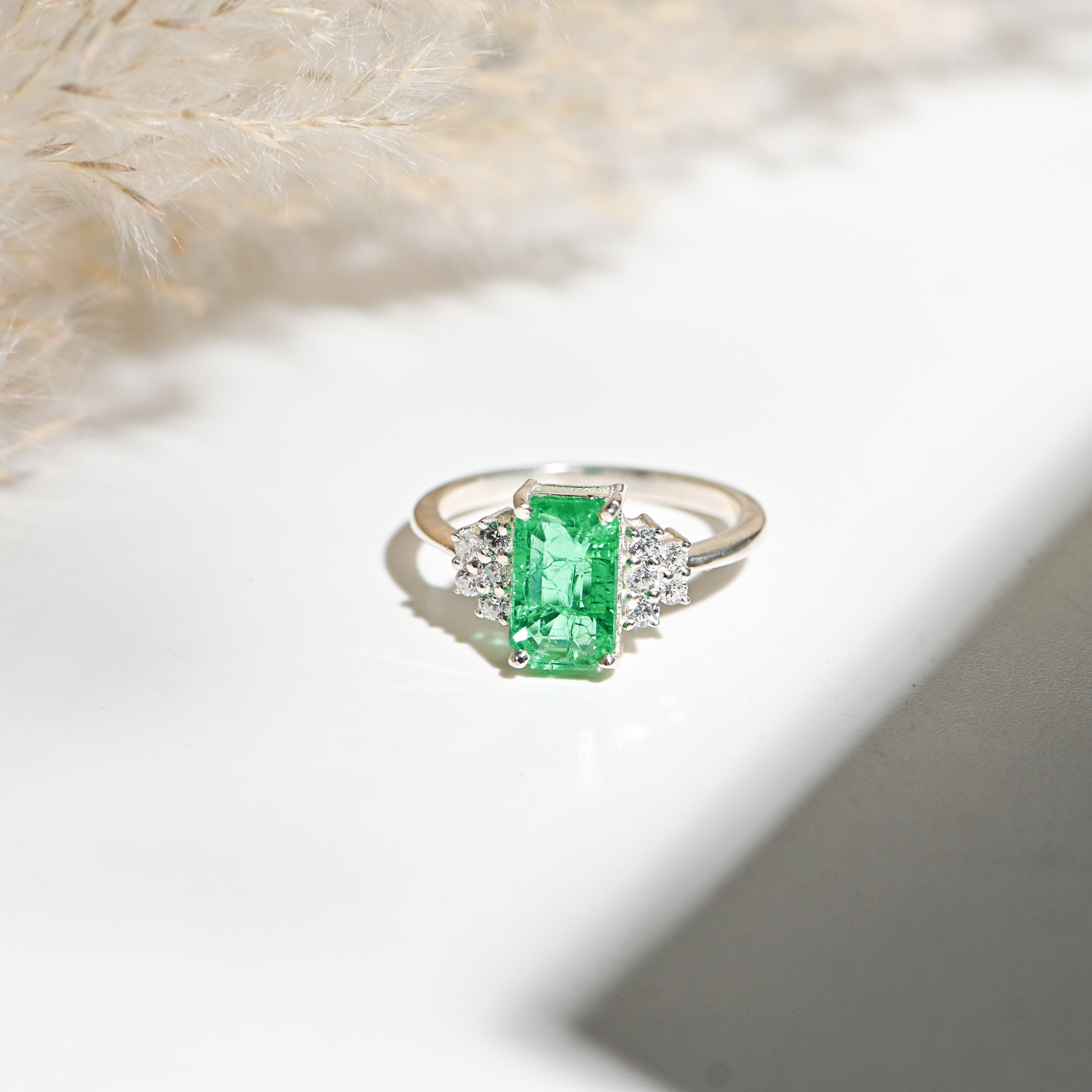 Emerald Cut Lab-Created Emerald Ring – 925 Sterling Silver with CZ Accents