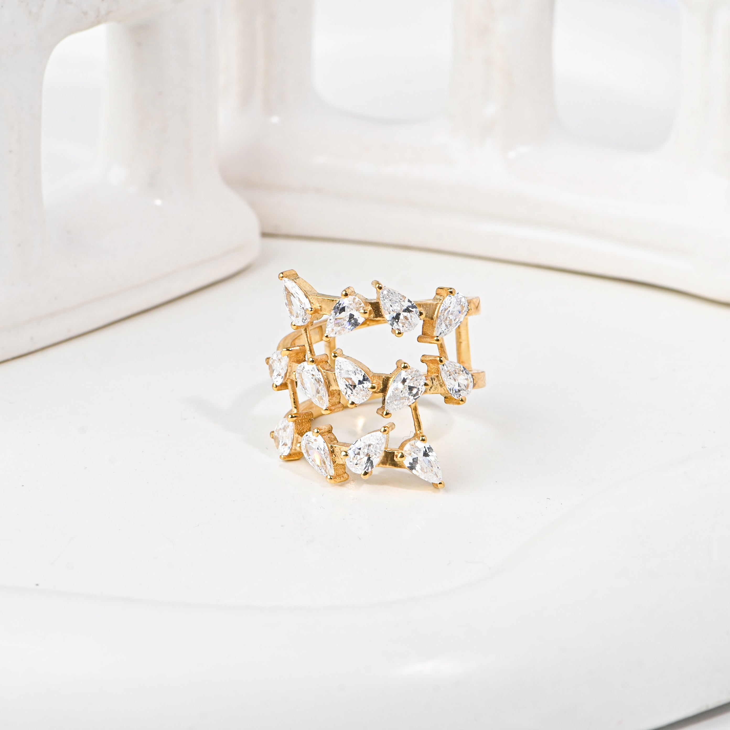 Gold-Plated 925 Sterling Silver Triple Row Ring with Pear-Cut Cubic Zirconia
