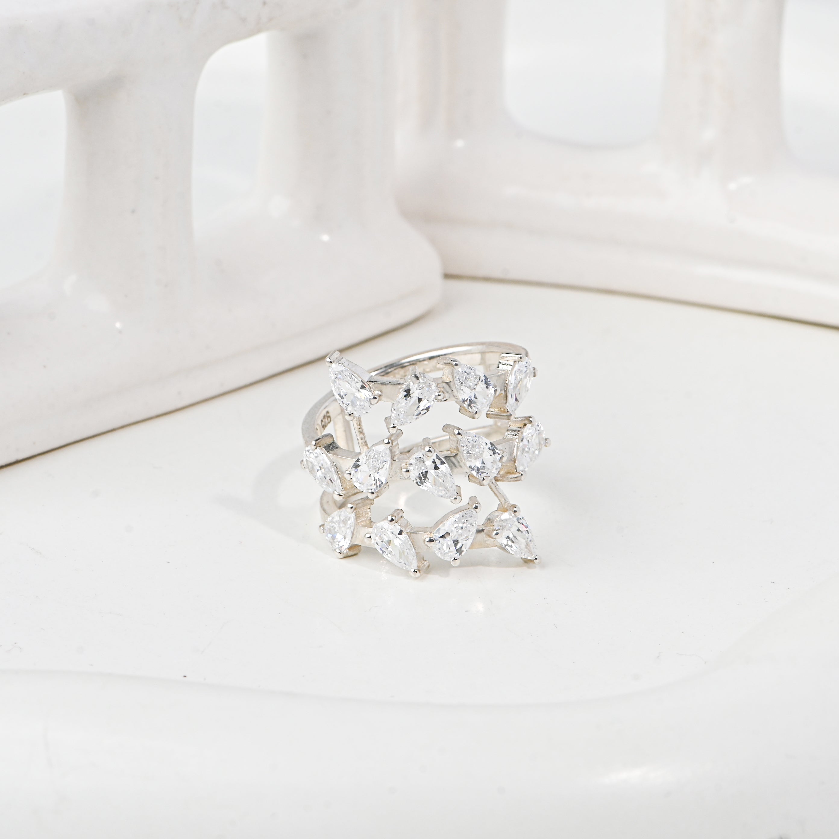 Sterling Silver Multi-Row Leaf Cluster Ring – Pear Cut CZ Statement Band