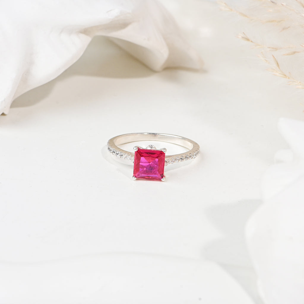 Sterling Silver Lab-Created Ruby Ring with Cubic Zirconia Accents – Princess Cut