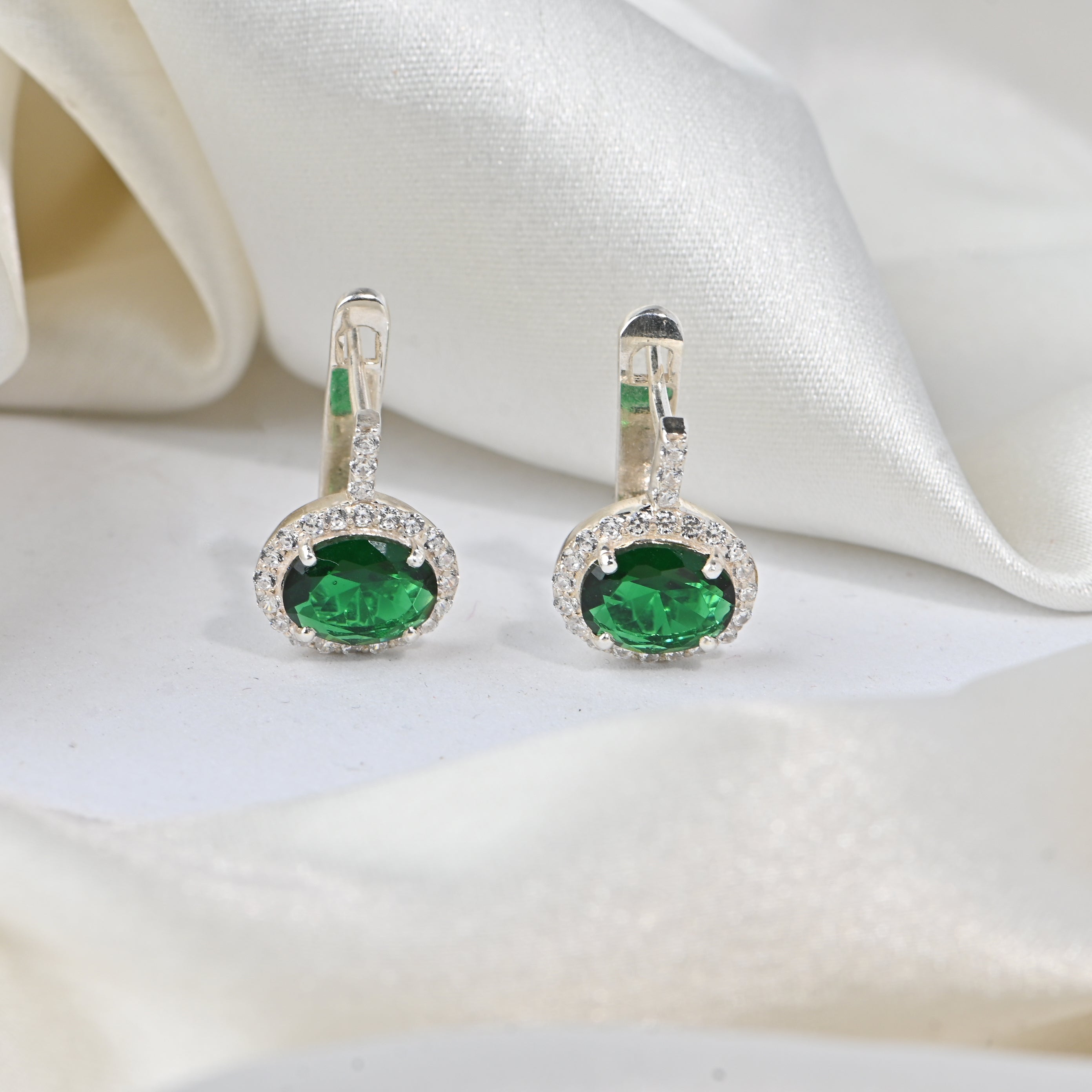 Elegant 925 Silver Lab Emerald Earrings with Moissanite Halo