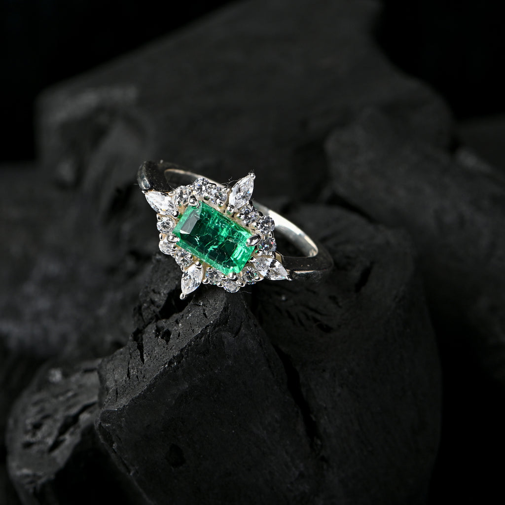 Lab-Created Emerald & CZ Halo Ring – 925 Sterling Silver