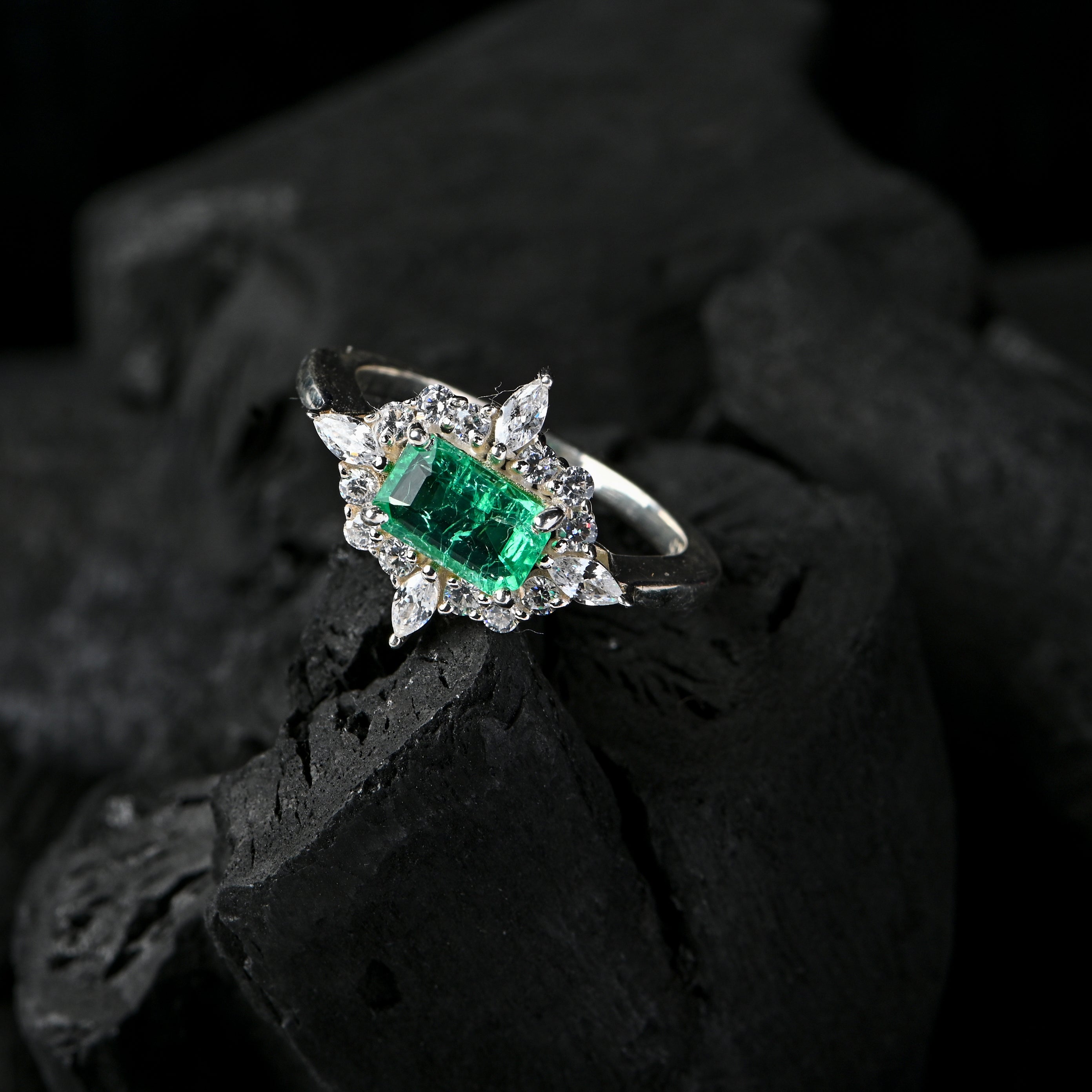 Lab-Created Emerald & CZ Halo Ring – 925 Sterling Silver