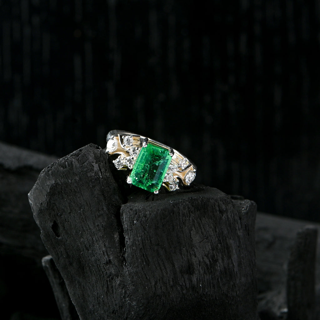 Sterling Silver Lab-Created Emerald Ring with Cubic Zirconia Accents – Vintage Floral Design
