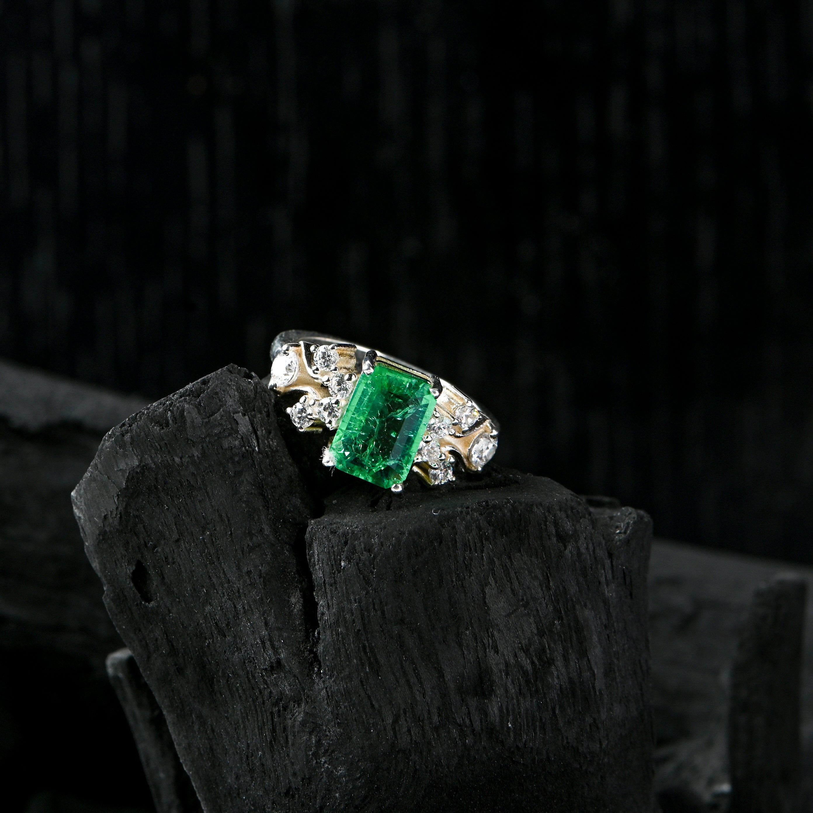 Sterling Silver Lab-Created Emerald Ring with Cubic Zirconia Accents – Vintage Floral Design