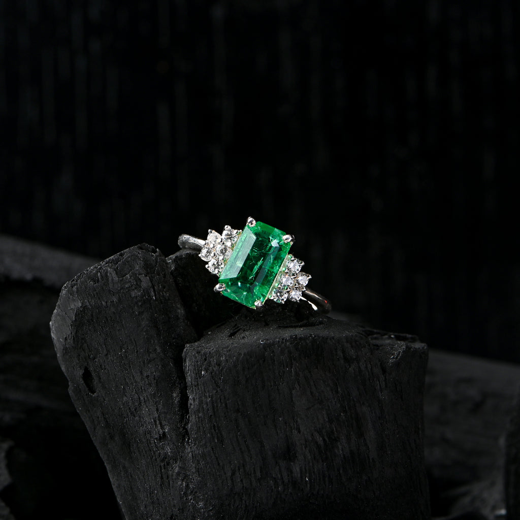 Emerald Cut Lab-Created Emerald Ring – 925 Sterling Silver with CZ Accents