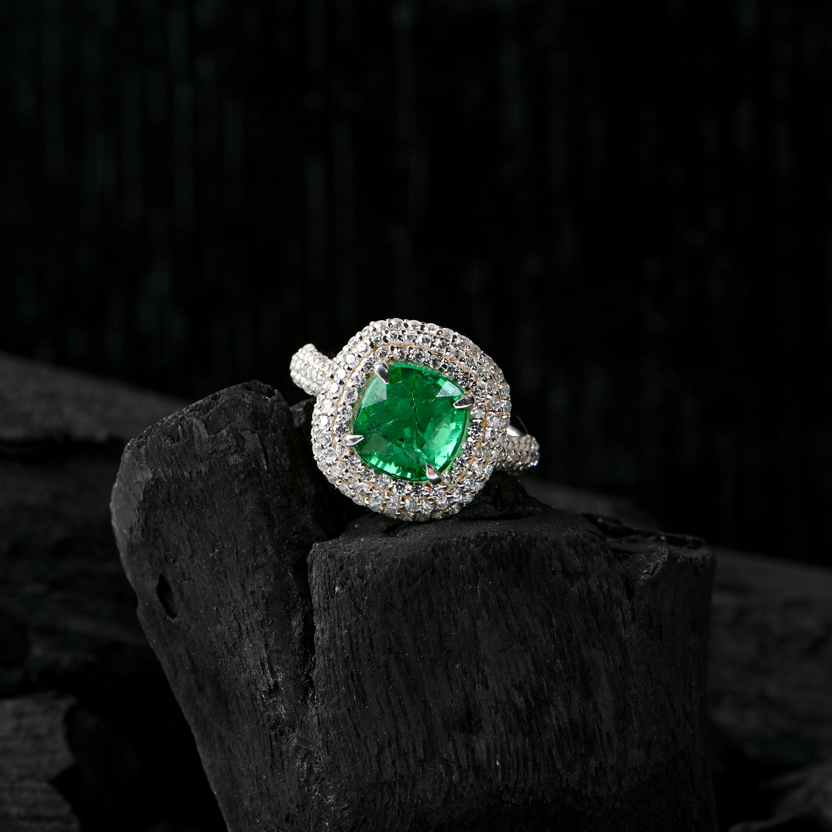 Emerald Cut Lab-Created Emerald Ring – 925 Sterling Silver with CZ Accents